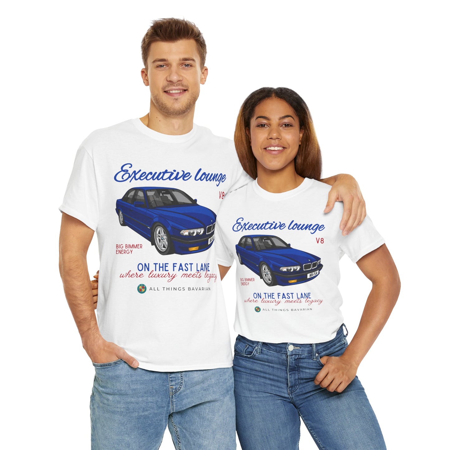 BMW e38 Avus Blue Unisex T Shirt in White - 100% Cotton (Front graphic)