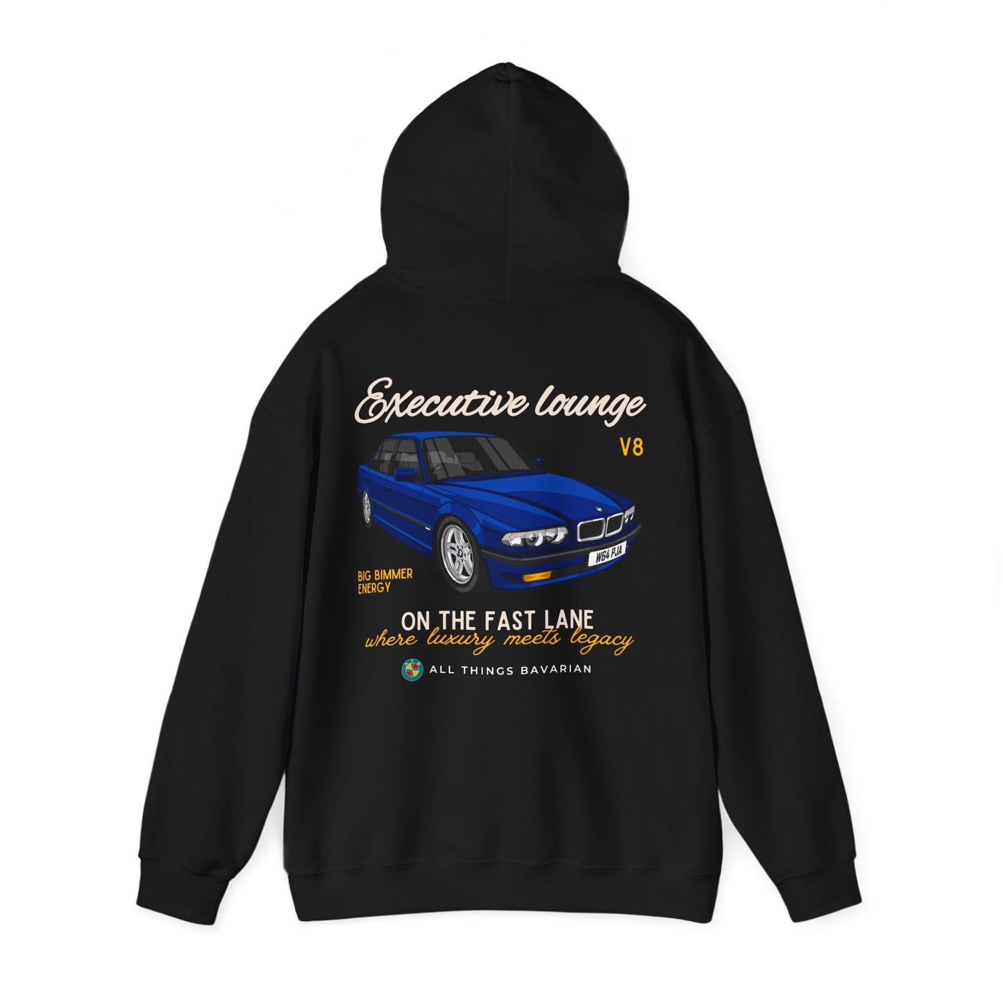 BMW e38 735i Avus Blue Unisex Hoodie in Black - 100% Cotton (Back graphic)