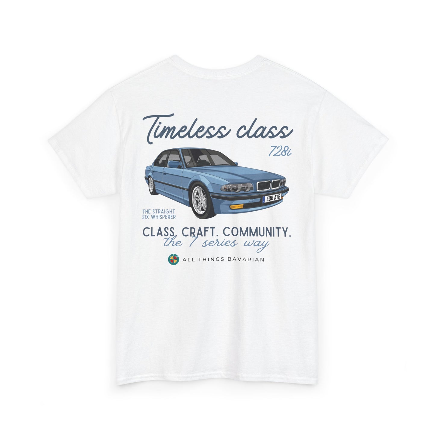 BMW e38 Steel Blue Unisex T Shirt in White - 100% Cotton (Back graphic)