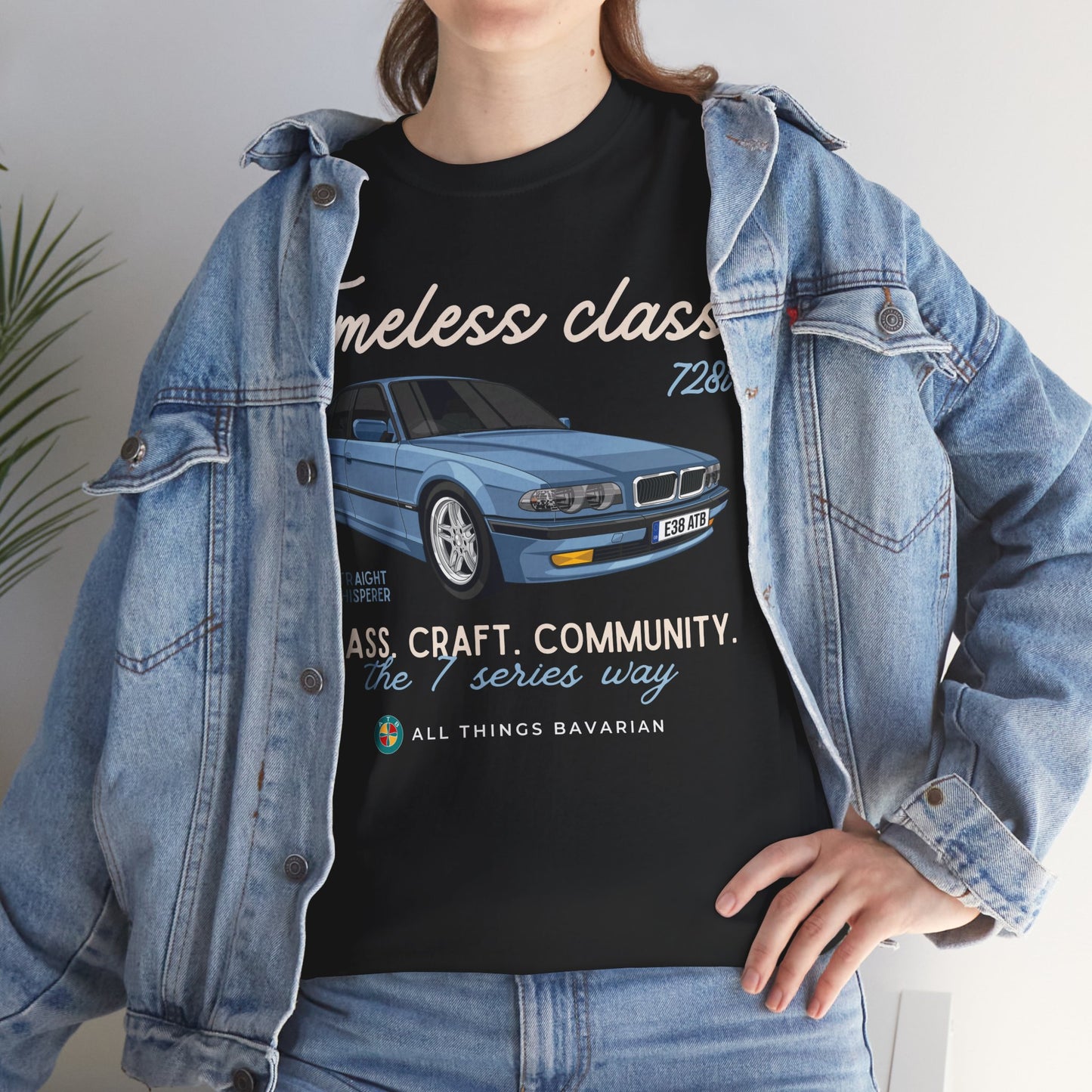 BMW e38 728i (Steel Blue) Unisex T Shirt in Black - 100% Cotton (Front Graphic)