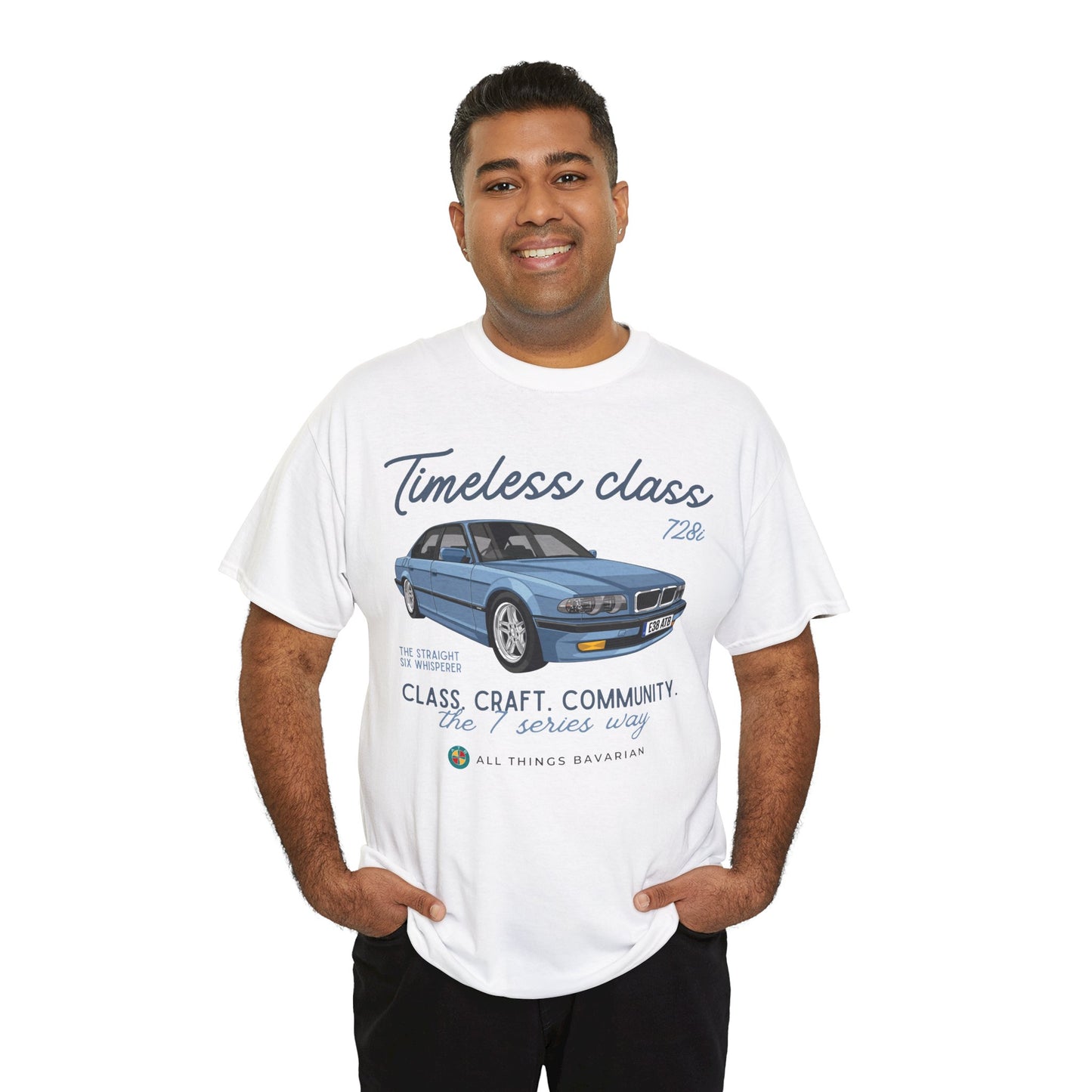 BMW e38 Steel Blue Unisex T Shirt in White - 100% Cotton (Front graphic)