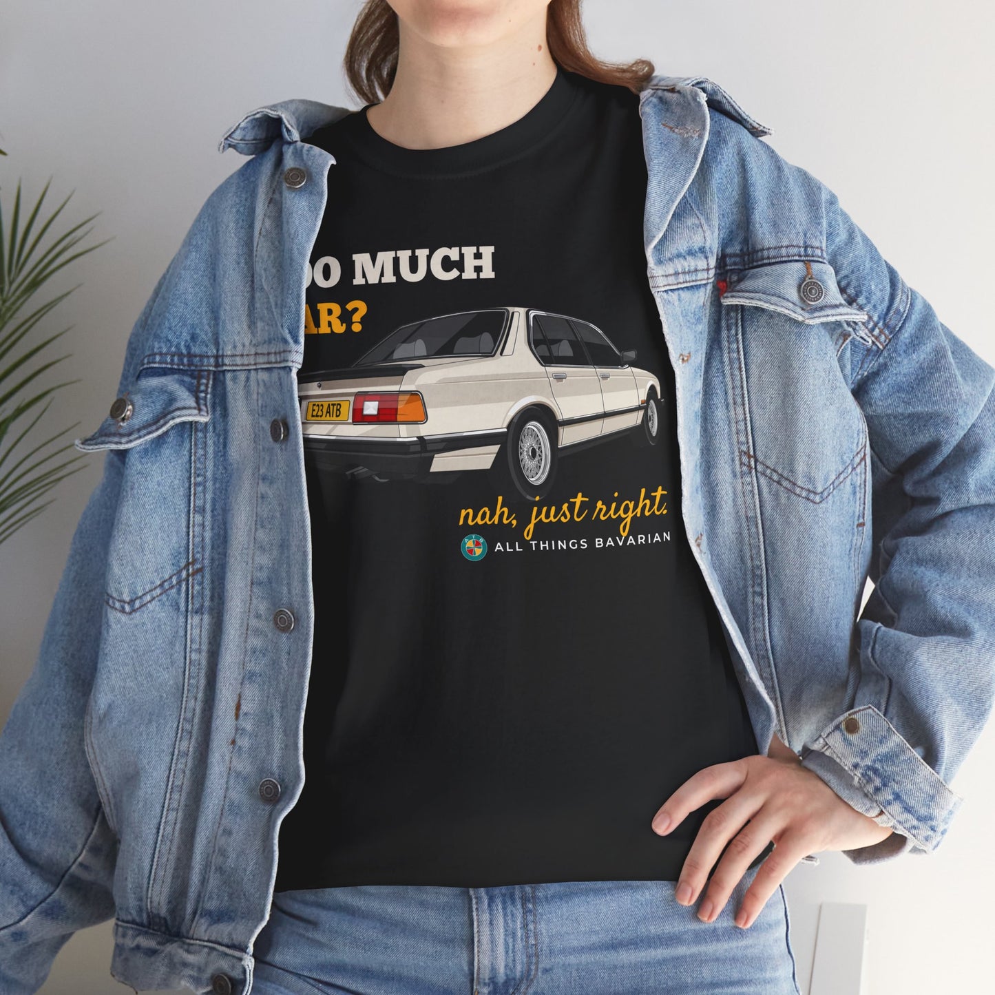 BMW e23 735i (Gold) Unisex T Shirt in Black - 100% Cotton (Front Graphic)