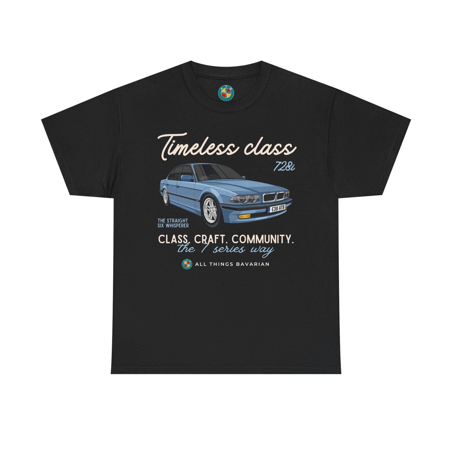 BMW e38 728i (Steel Blue) Unisex T Shirt in Black - 100% Cotton (Front Graphic)