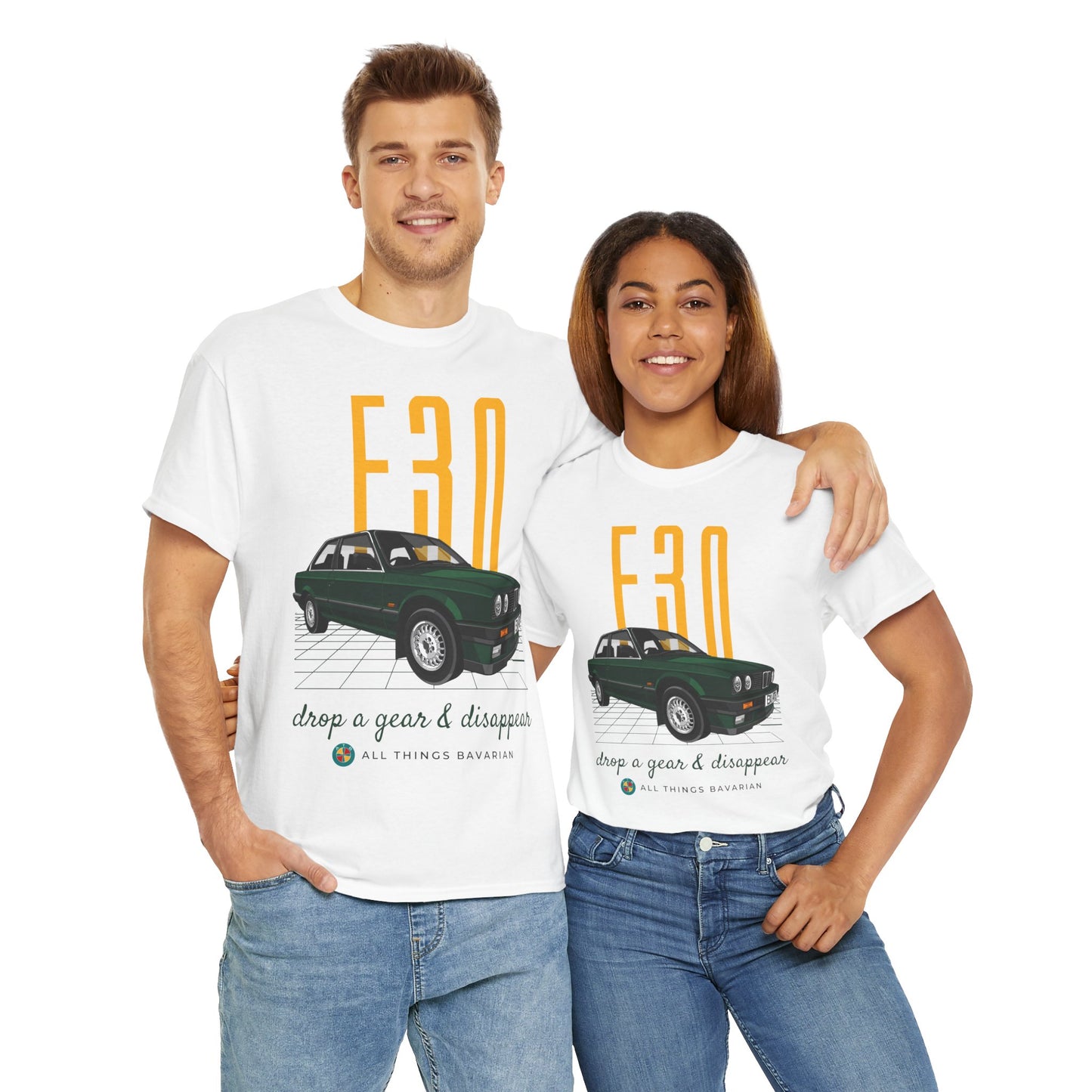 BMW e30 Green - Unisex T Shirt in White - 100% Cotton (Front graphic)
