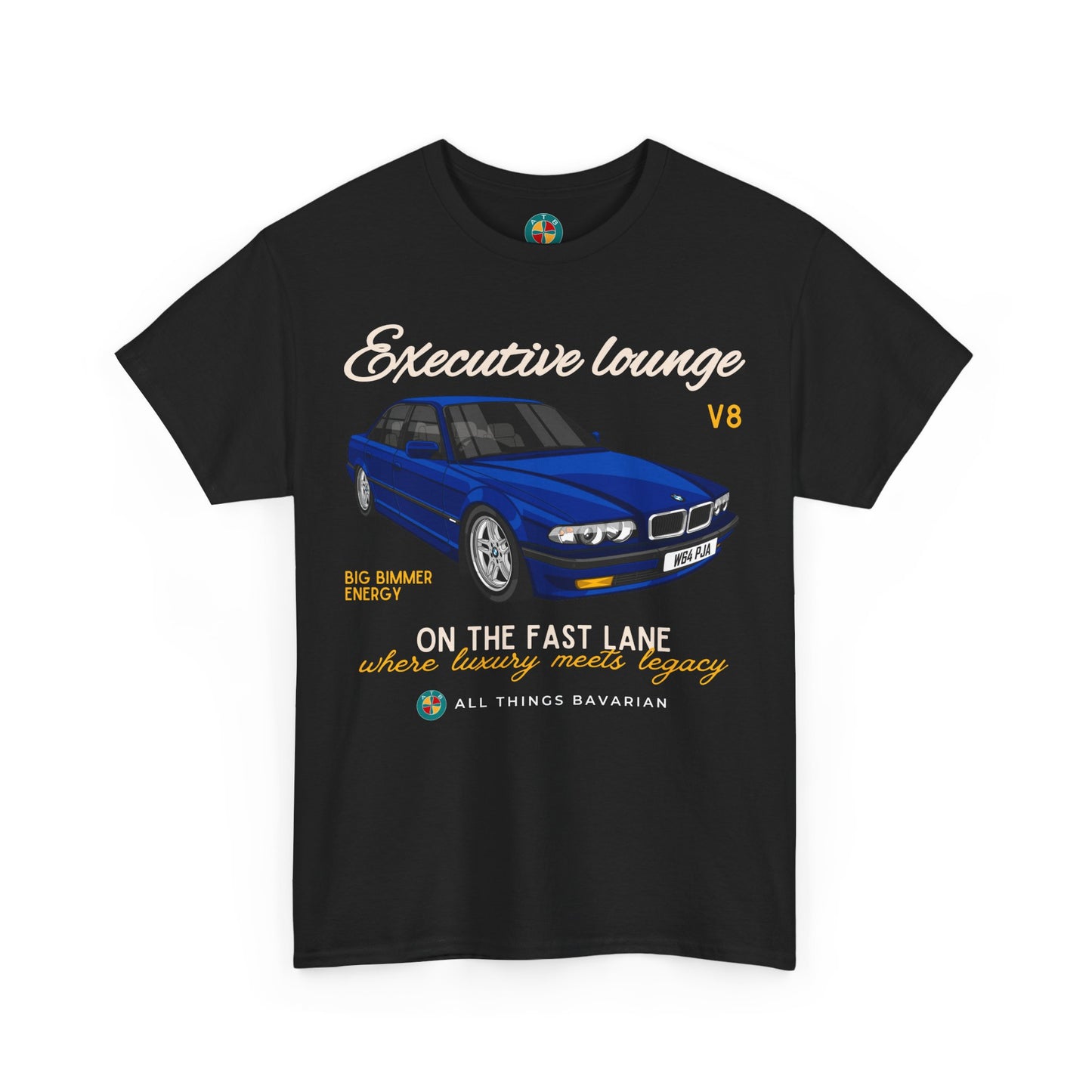 BMW e38 Avus Blue Unisex T Shirt in Black - 100% Cotton (Front graphic)