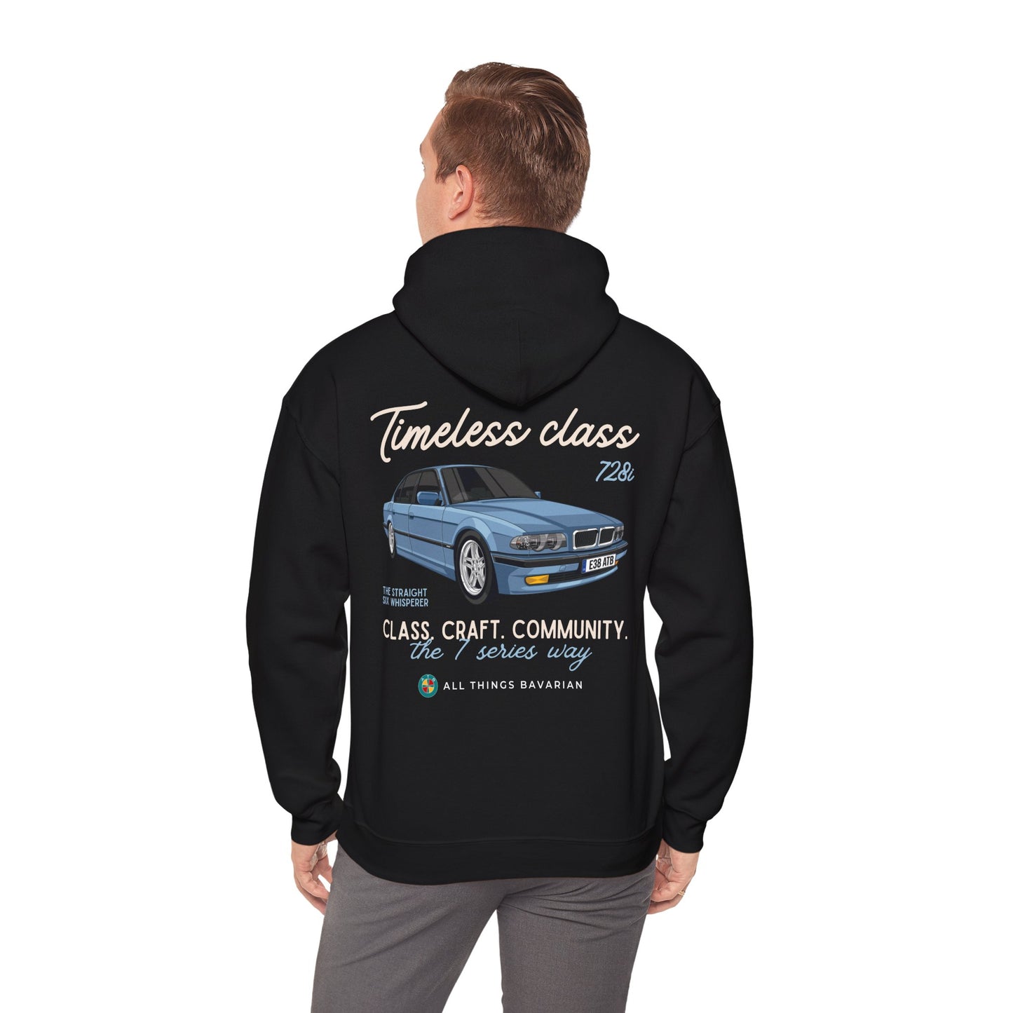 BMW e38 Steel Blue Unisex Hoodie in Black - 100% Cotton (Back graphic)