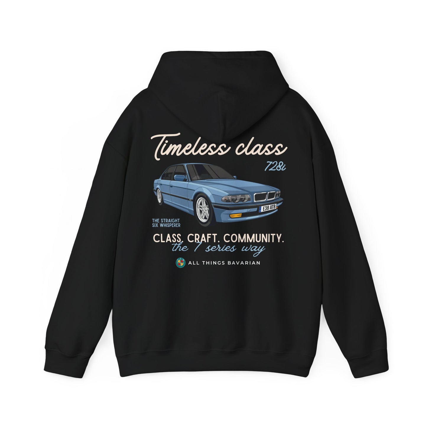 BMW e38 Steel Blue Unisex Hoodie in Black - 100% Cotton (Back graphic)