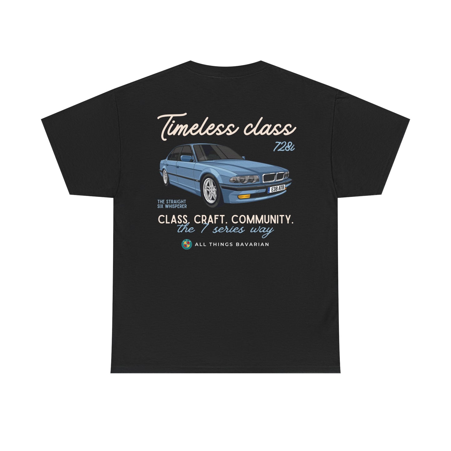 BMW e38 728i (Steel Blue) Unisex T Shirt in Black - 100% Cotton (Back Graphic)