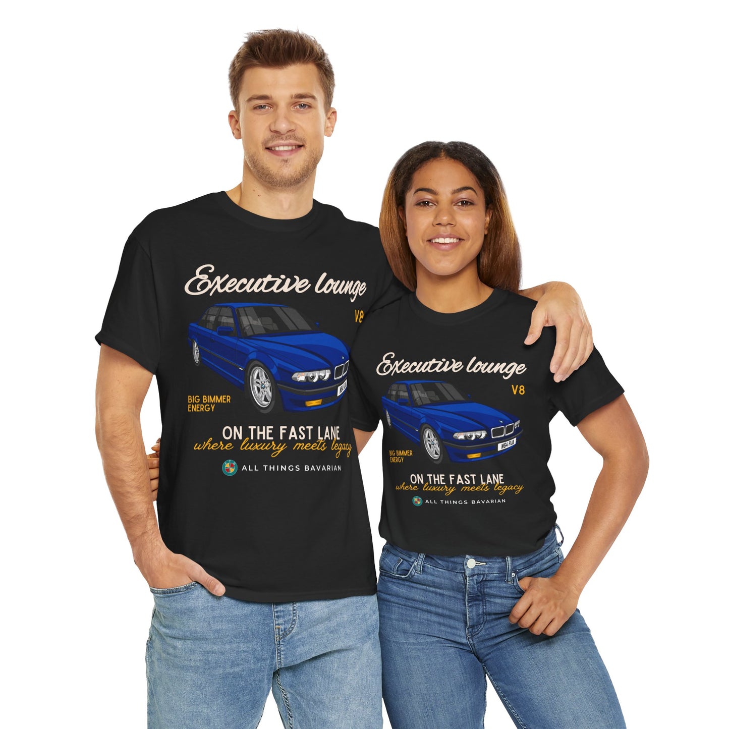 BMW e38 Avus Blue Unisex T Shirt in Black - 100% Cotton (Front graphic)