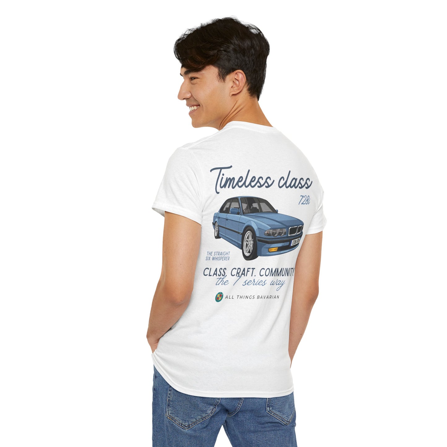 BMW e38 Steel Blue Unisex T Shirt in White - 100% Cotton (Back graphic)