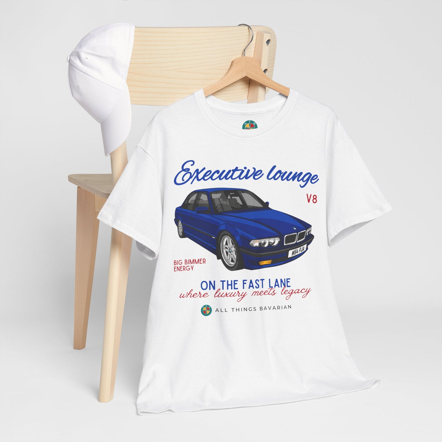 BMW e38 Avus Blue Unisex T Shirt in White - 100% Cotton (Front graphic)