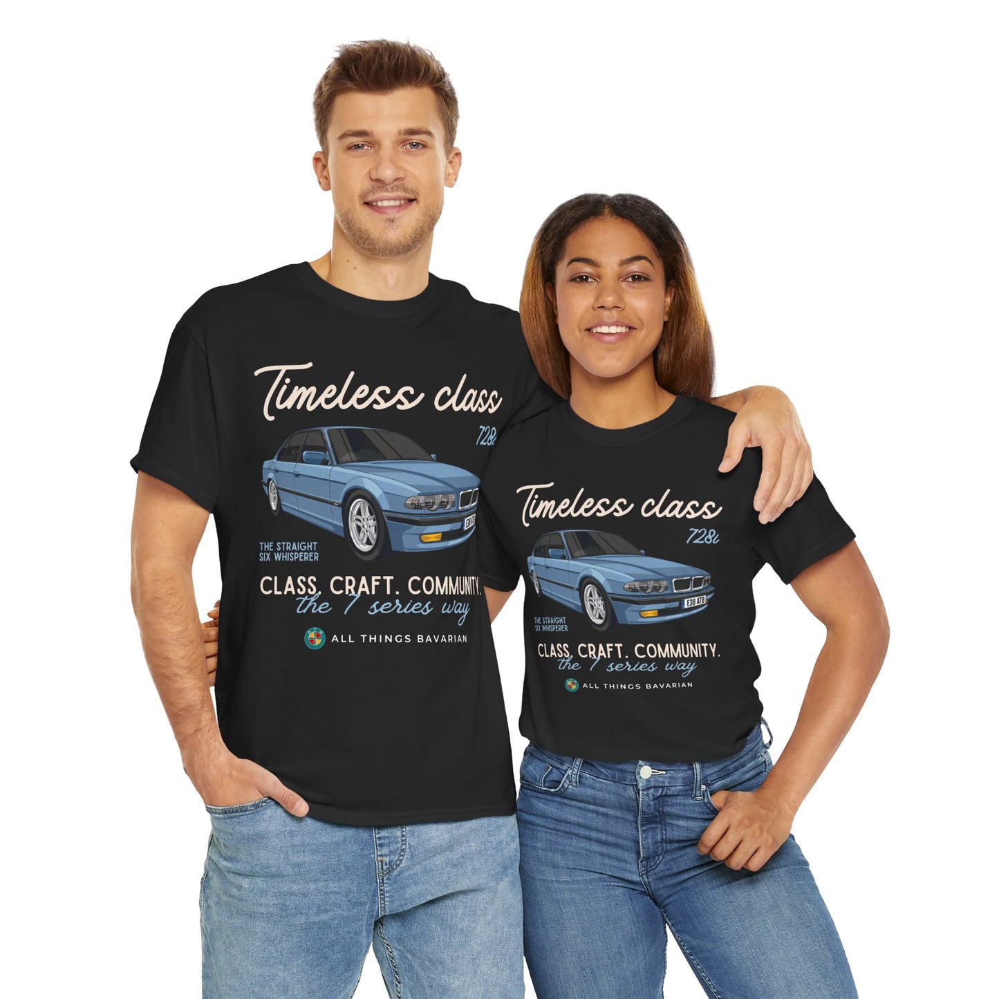 BMW e38 728i (Steel Blue) Unisex T Shirt in Black - 100% Cotton (Front Graphic)