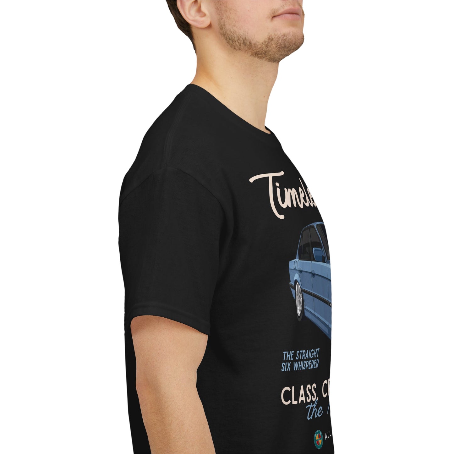 BMW e38 728i (Steel Blue) Unisex T Shirt in Black - 100% Cotton (Front Graphic)