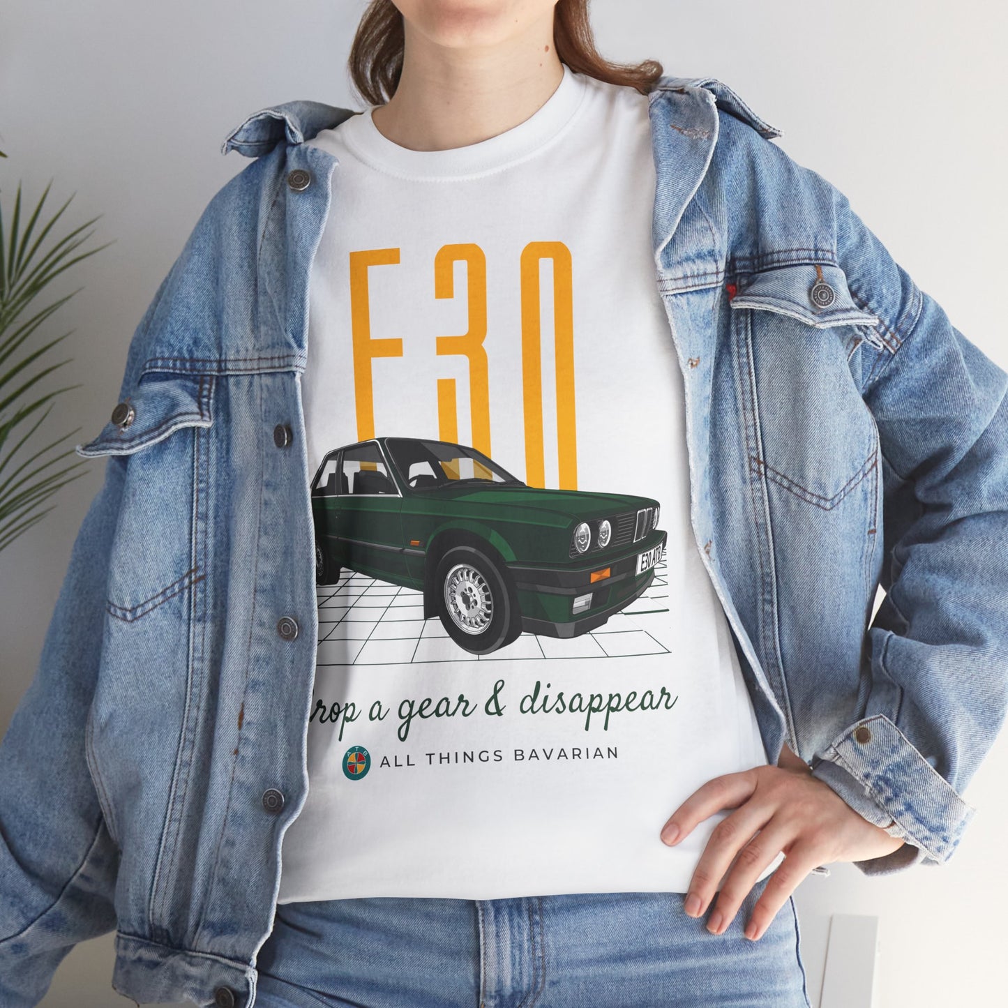 BMW e30 Green - Unisex T Shirt in White - 100% Cotton (Front graphic)