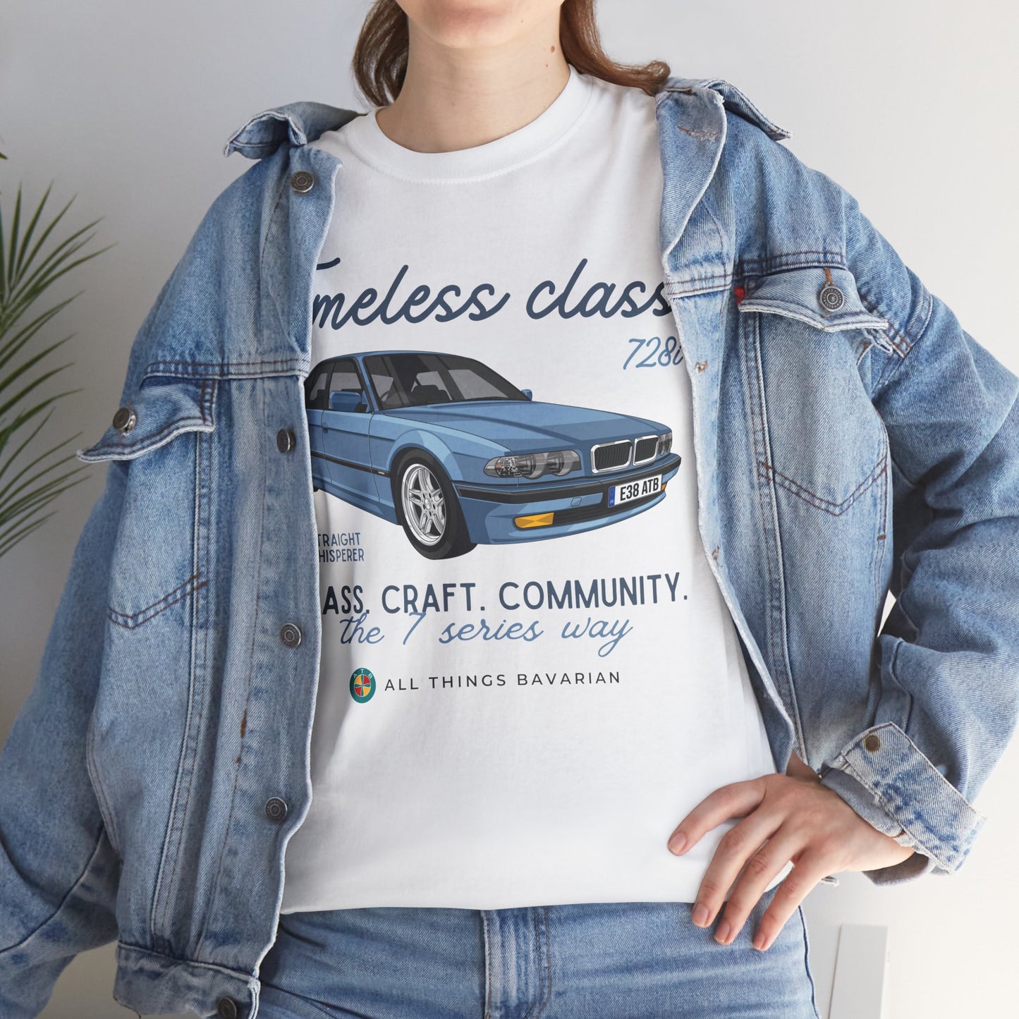 BMW e38 Steel Blue Unisex T Shirt in White - 100% Cotton (Front graphic)