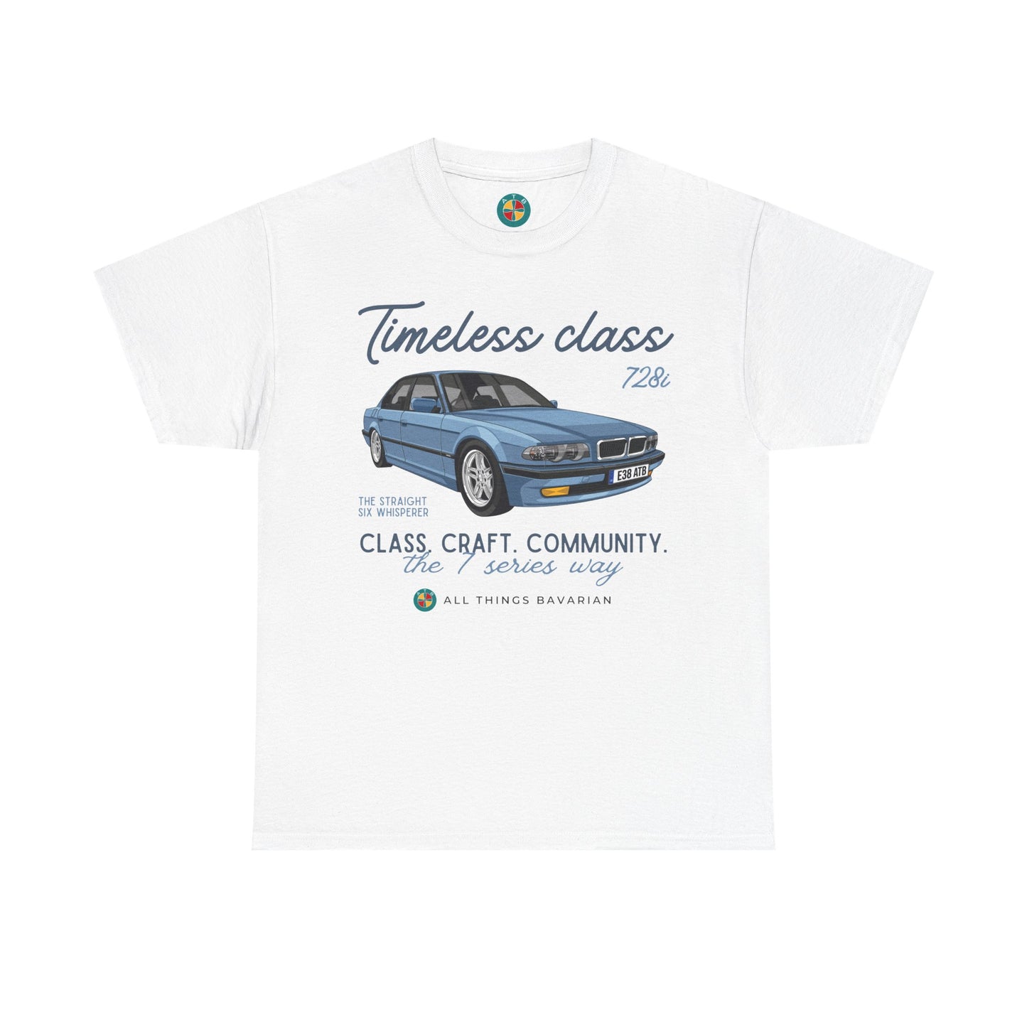 BMW e38 Steel Blue Unisex T Shirt in White - 100% Cotton (Front graphic)