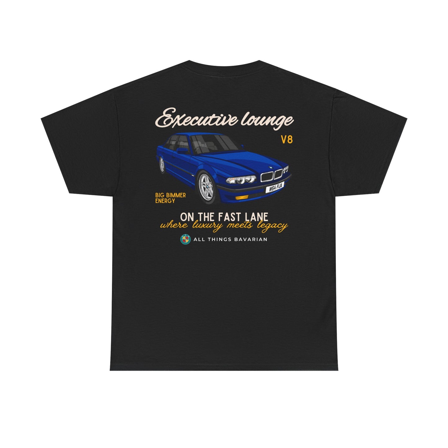BMW e38 Avus Blue Unisex T Shirt in Black - 100% Cotton (Back graphic)