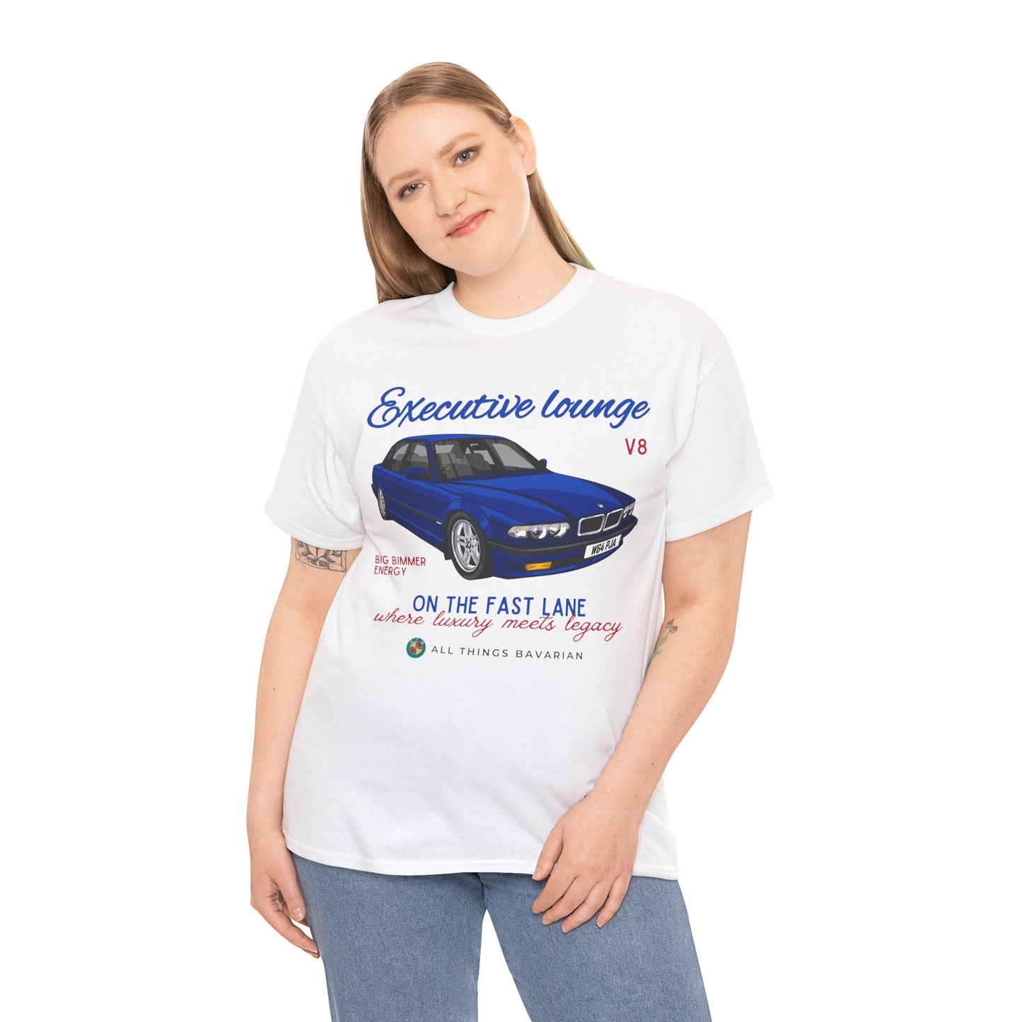 BMW e38 Avus Blue Unisex T Shirt in White - 100% Cotton (Front graphic)