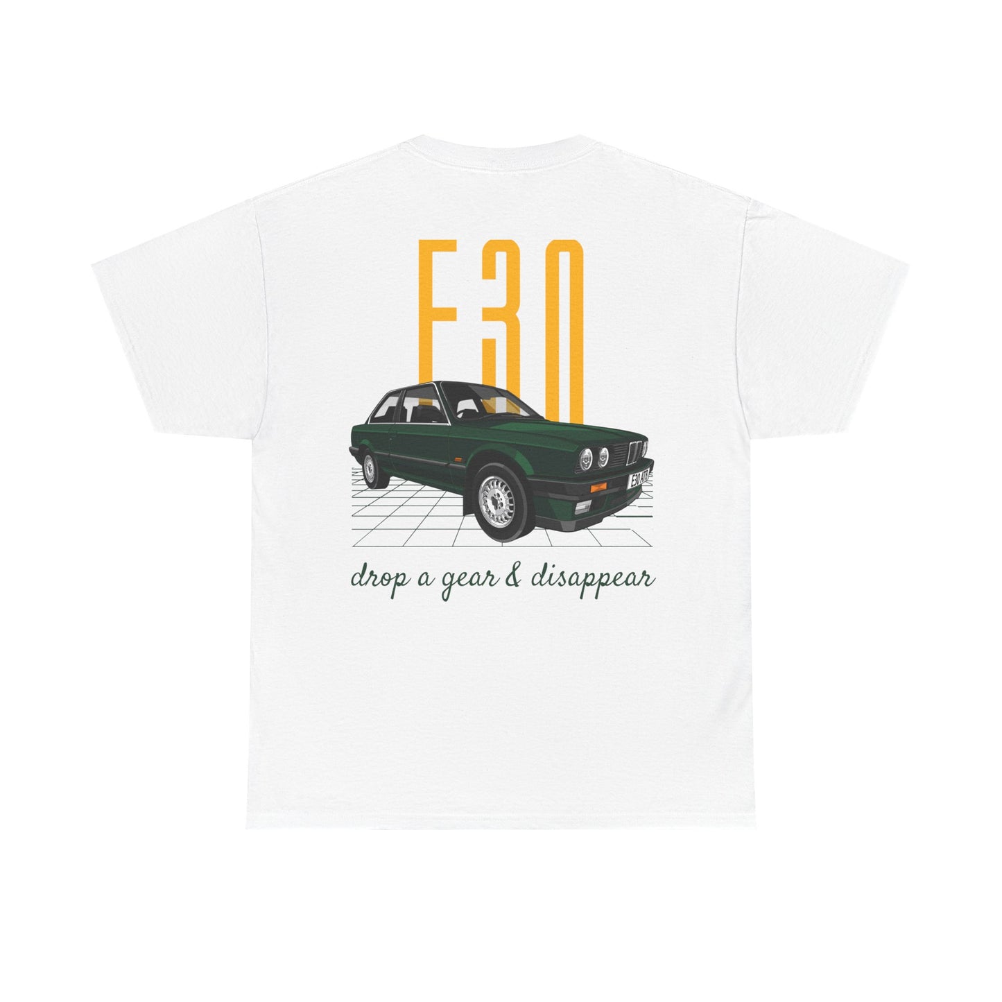 BMW e30 Green - Unisex T Shirt in White - 100% Cotton (Back graphic)