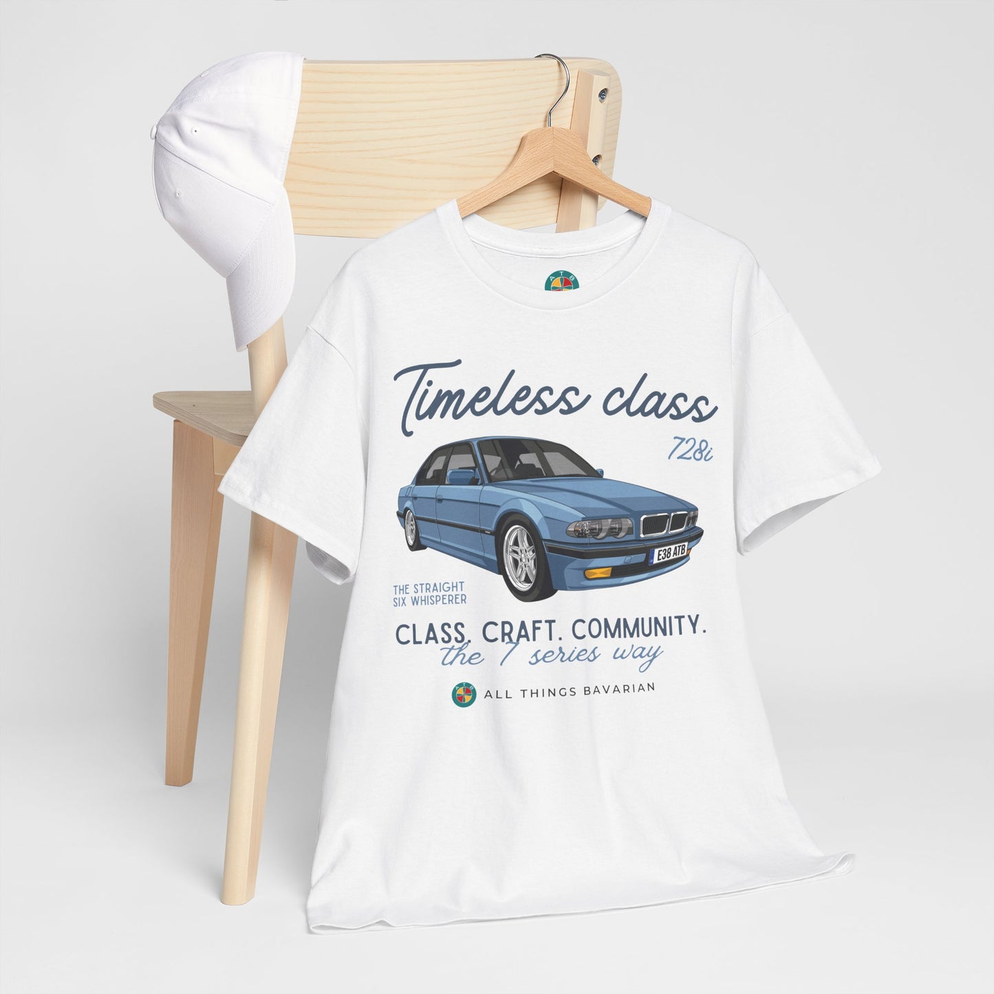 BMW e38 Steel Blue Unisex T Shirt in White - 100% Cotton (Front graphic)