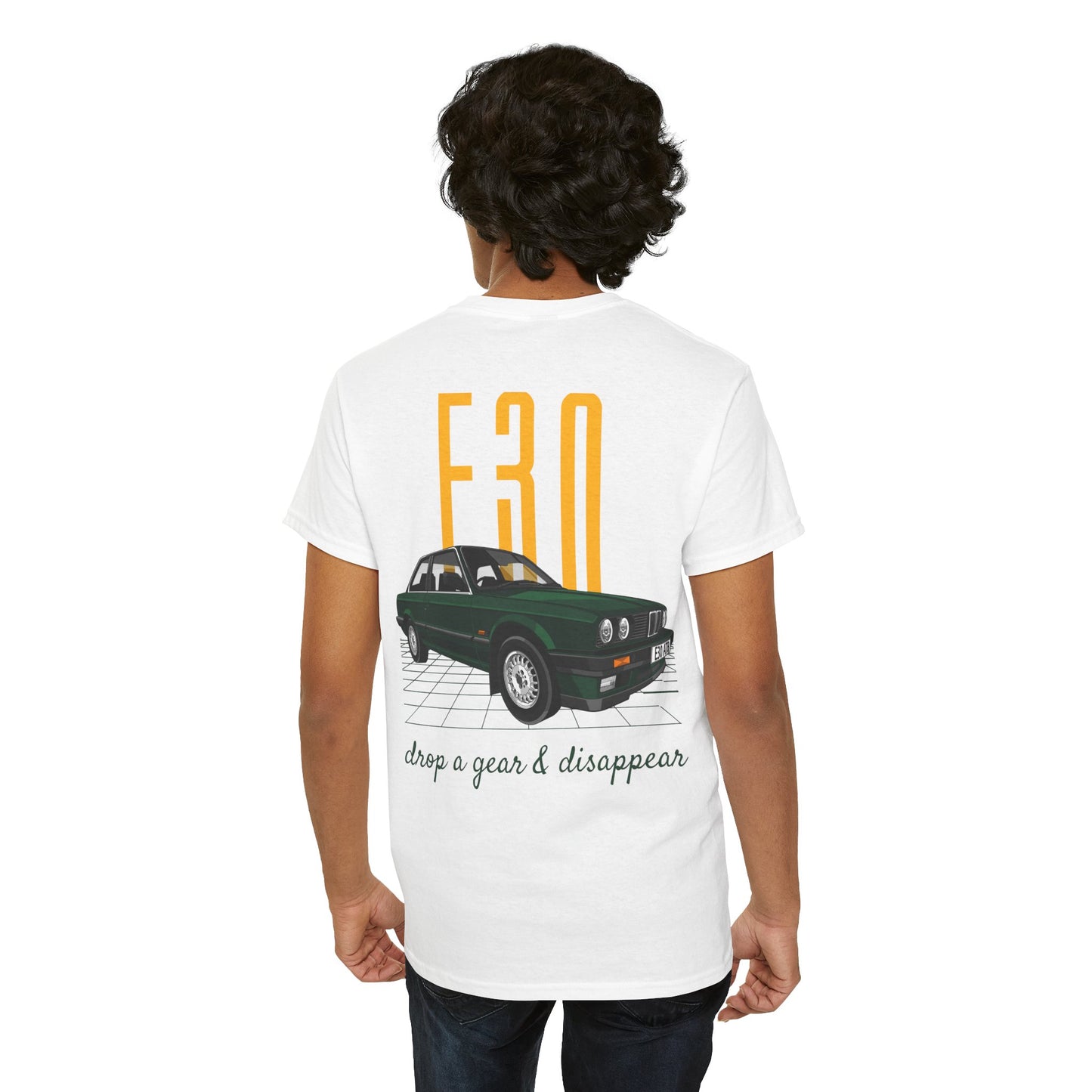 BMW e30 Green - Unisex T Shirt in White - 100% Cotton (Back graphic)