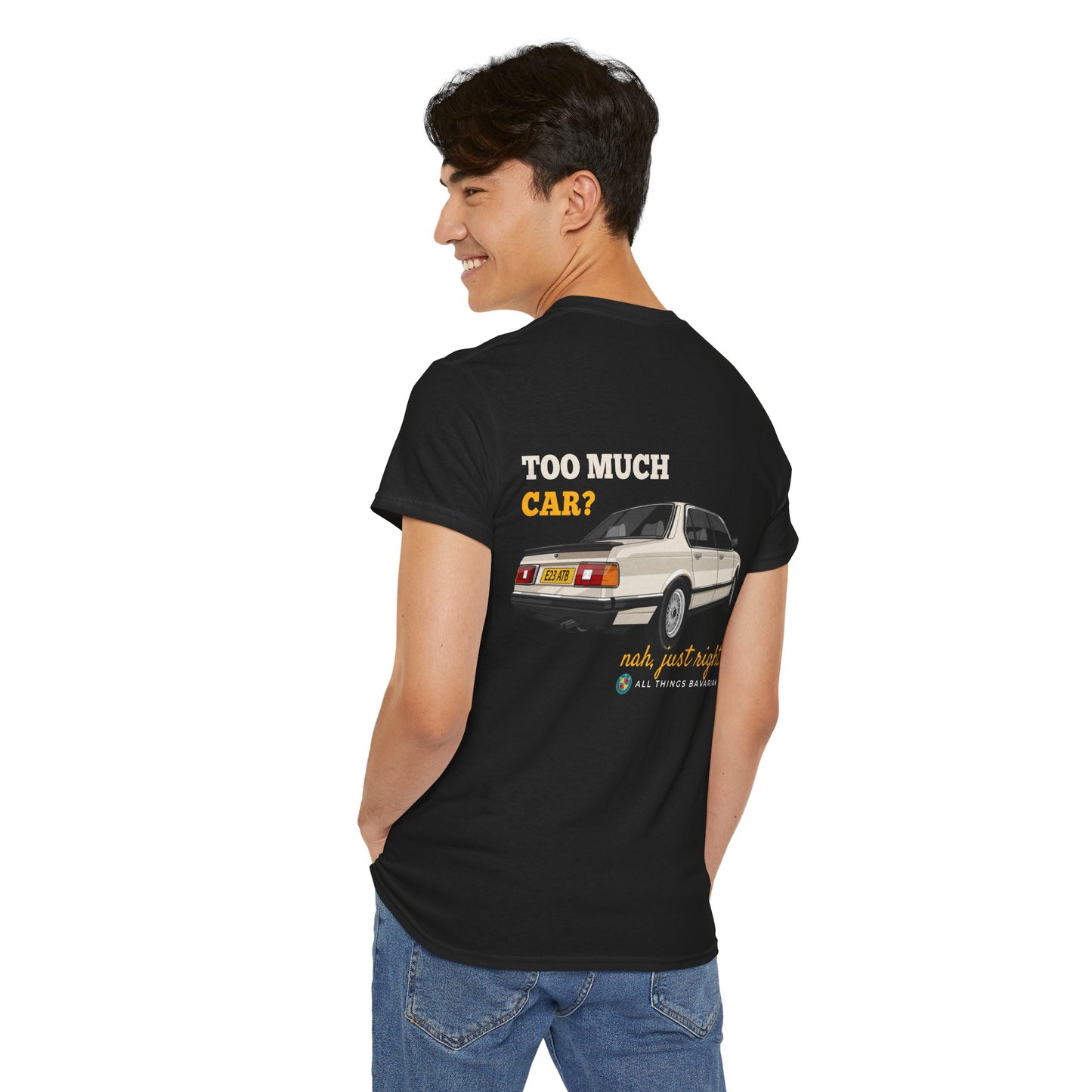 BMW e23 735i (Gold) Unisex T Shirt in Black - 100% Cotton (Back Graphic)