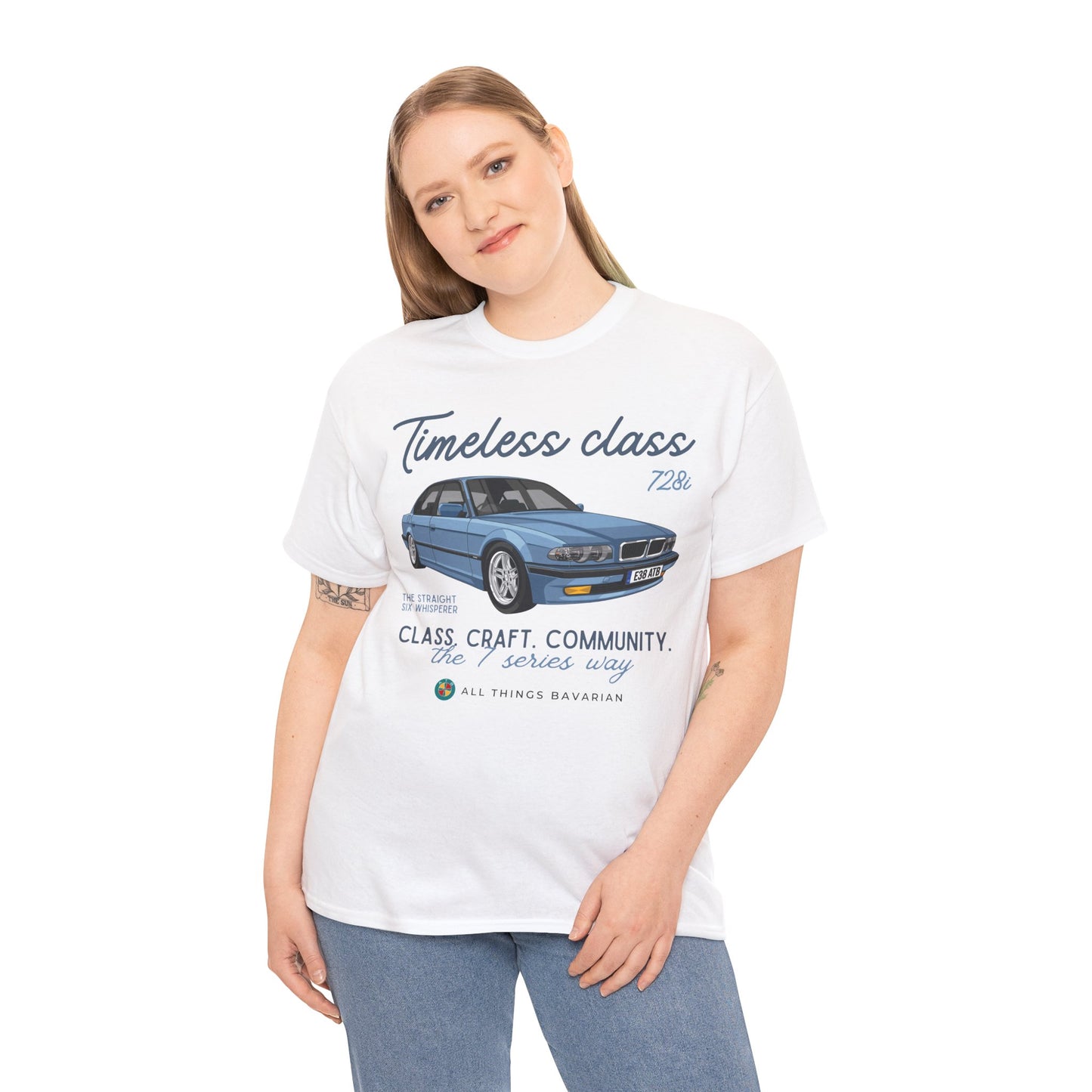 BMW e38 Steel Blue Unisex T Shirt in White - 100% Cotton (Front graphic)