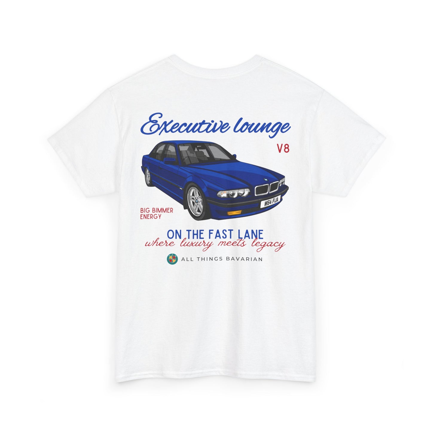 BMW e38 Avus Blue Unisex T Shirt in White - 100% Cotton (Back graphic)