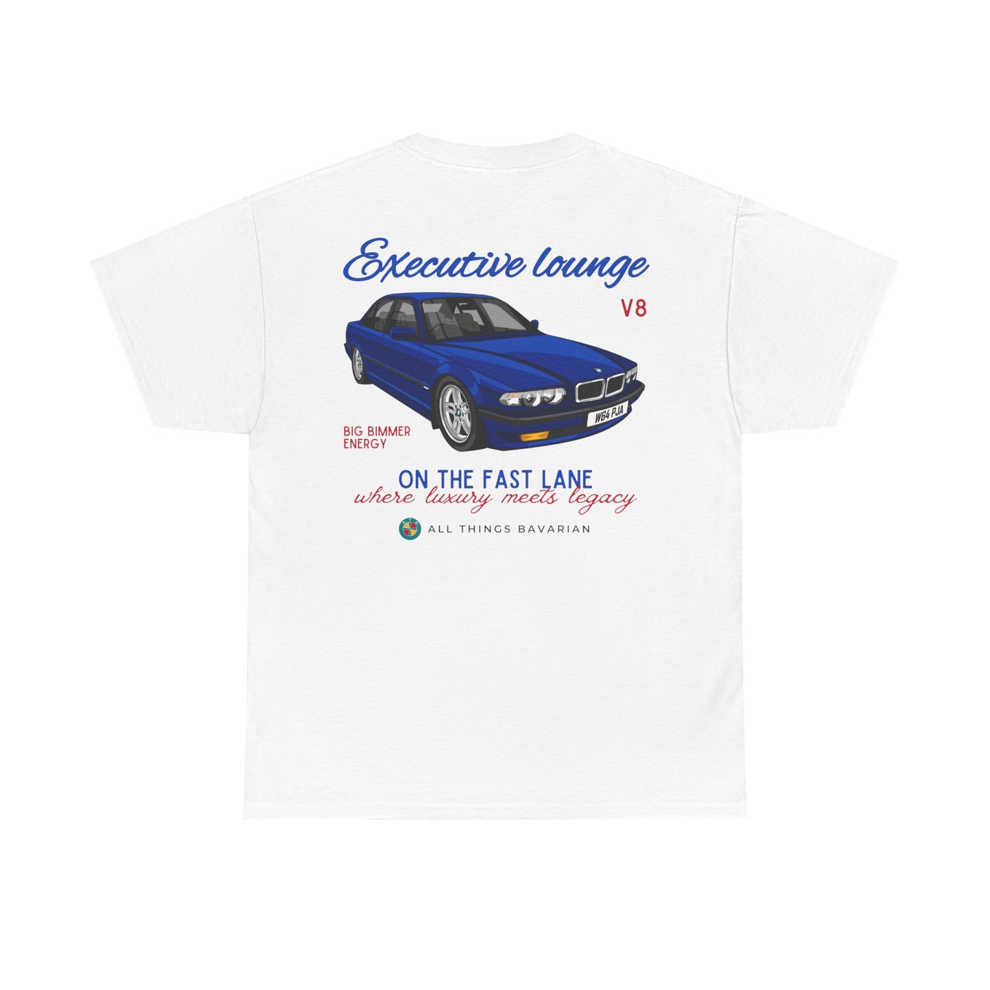 BMW e38 Avus Blue Unisex T Shirt in White - 100% Cotton (Back graphic)
