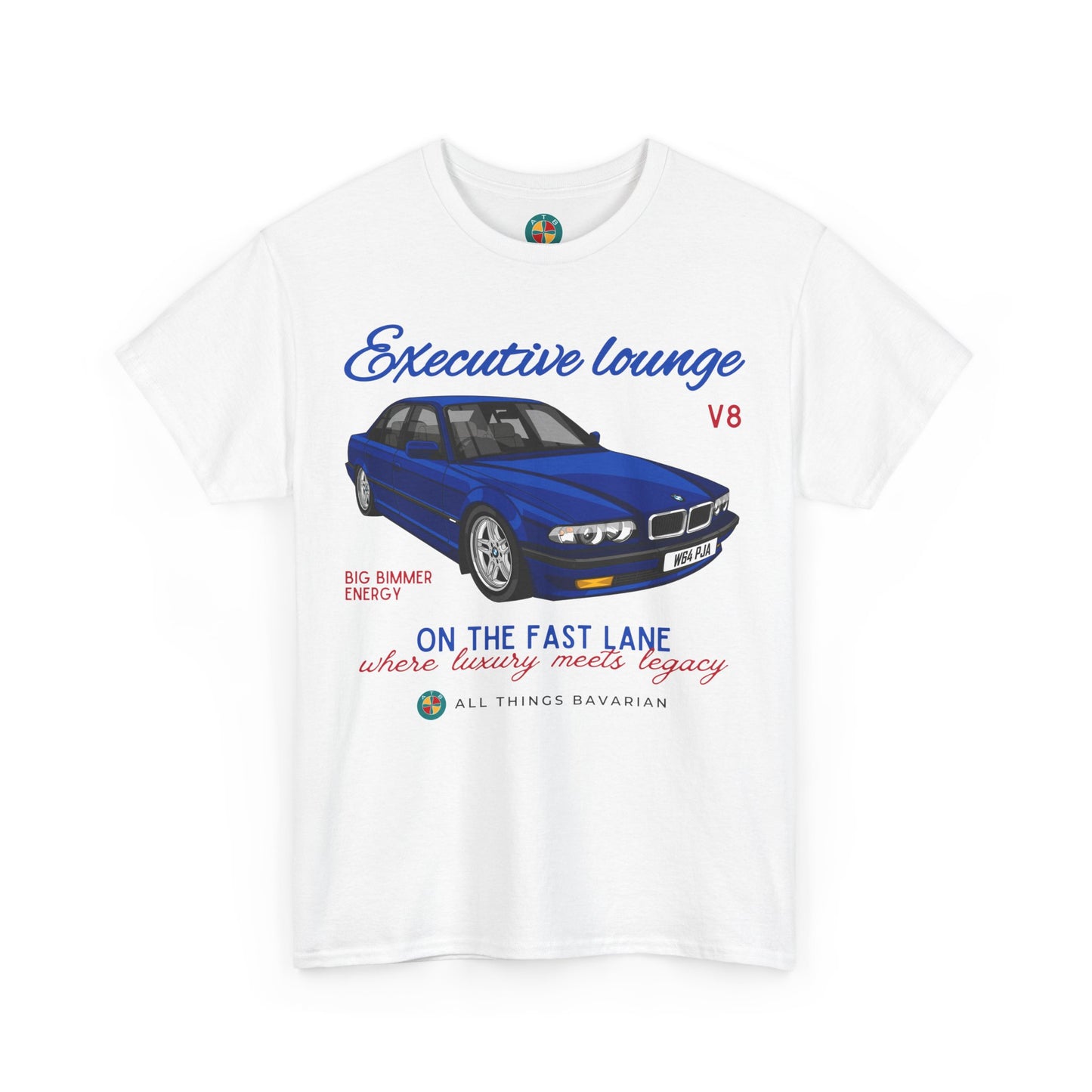 BMW e38 Avus Blue Unisex T Shirt in White - 100% Cotton (Front graphic)