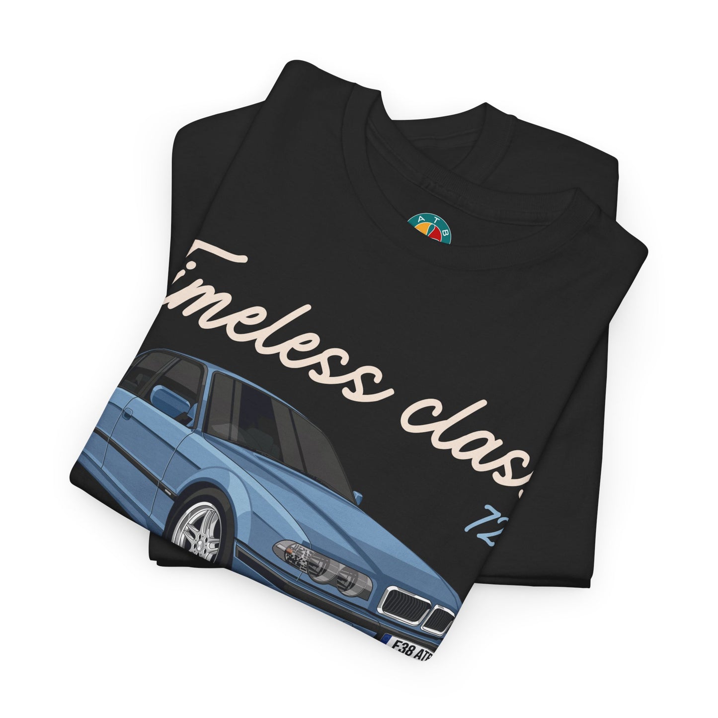 BMW e38 728i (Steel Blue) Unisex T Shirt in Black - 100% Cotton (Front Graphic)