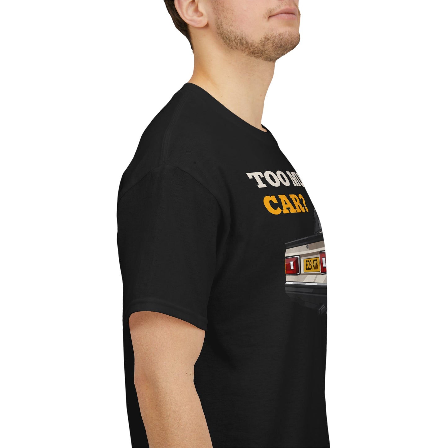 BMW e23 735i (Gold) Unisex T Shirt in Black - 100% Cotton (Front Graphic)