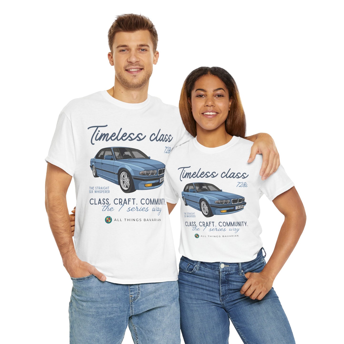 BMW e38 Steel Blue Unisex T Shirt in White - 100% Cotton (Front graphic)