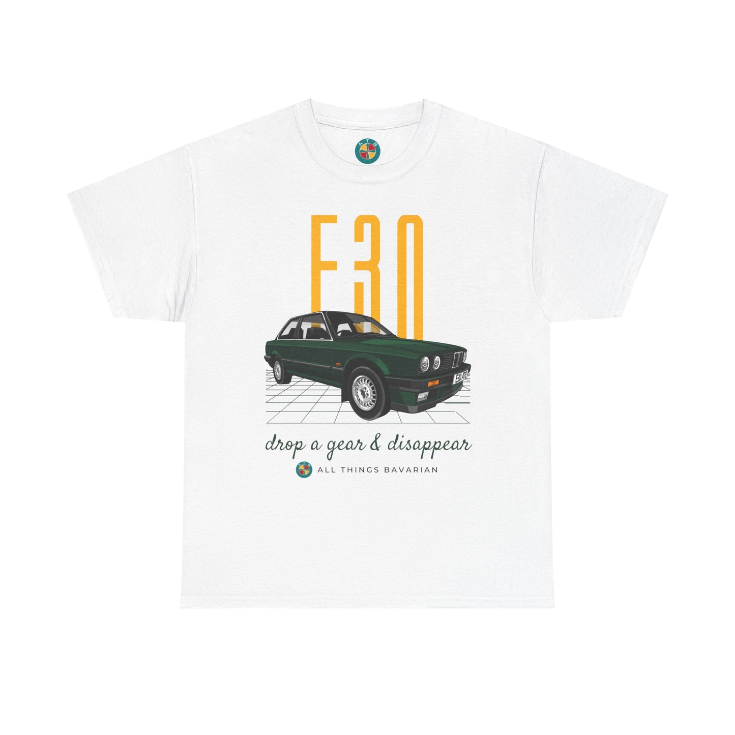 BMW e30 Green - Unisex T Shirt in White - 100% Cotton (Front graphic)