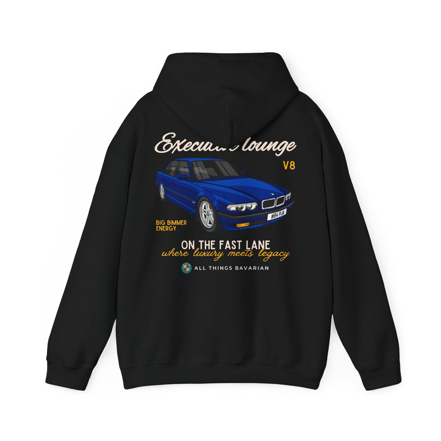 BMW e38 735i Avus Blue Unisex Hoodie in Black - 100% Cotton (Back graphic)