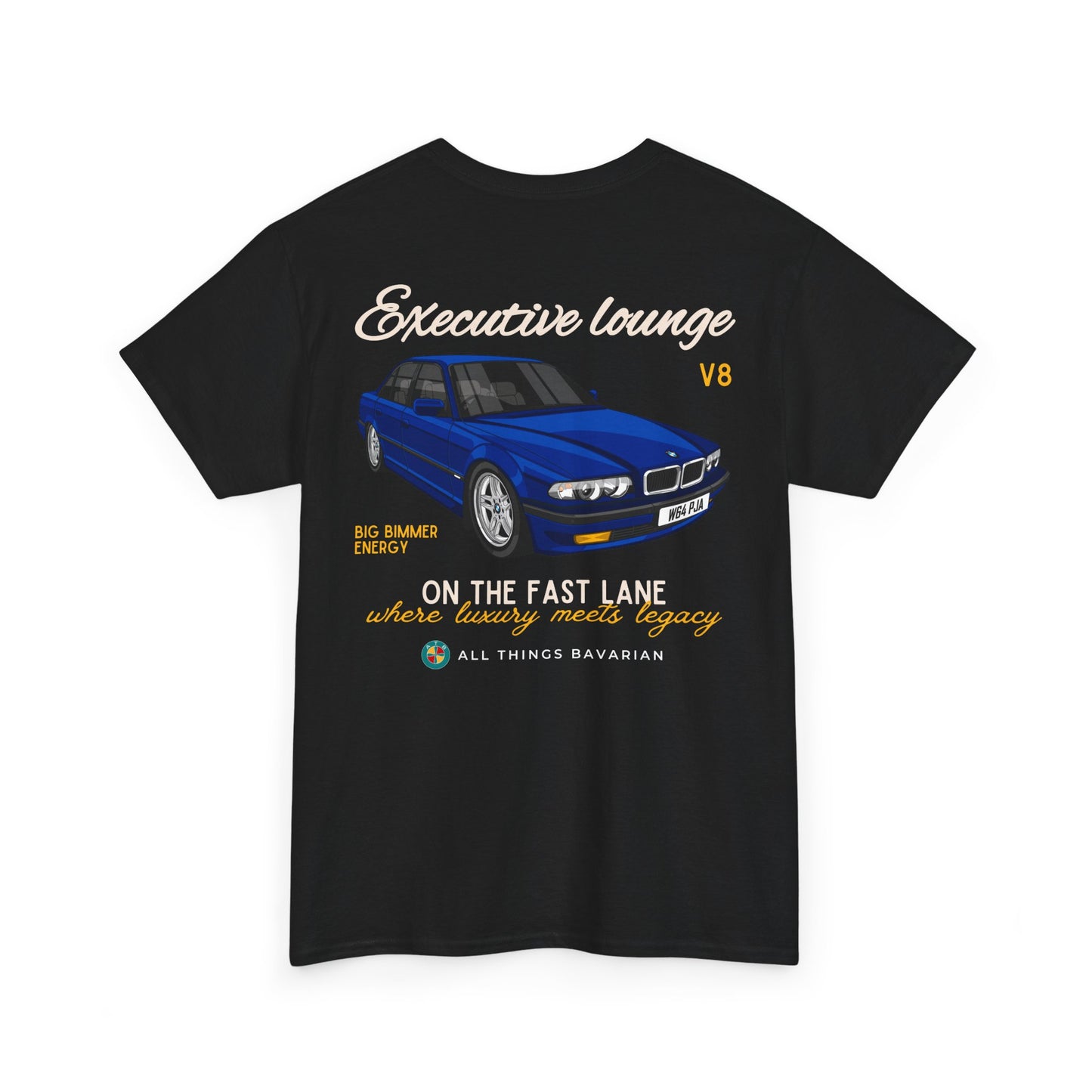 BMW e38 Avus Blue Unisex T Shirt in Black - 100% Cotton (Back graphic)