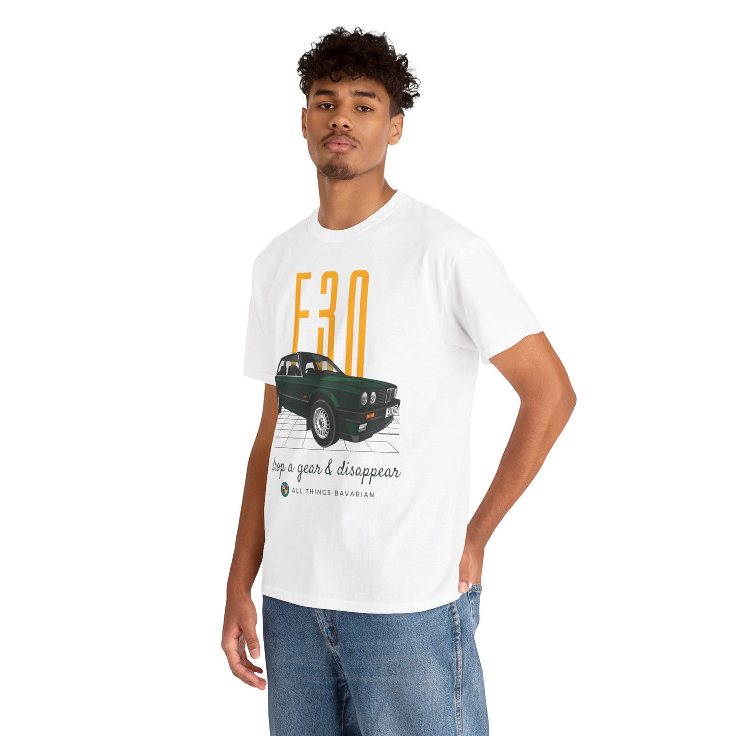 BMW e30 Green - Unisex T Shirt in White - 100% Cotton (Front graphic)