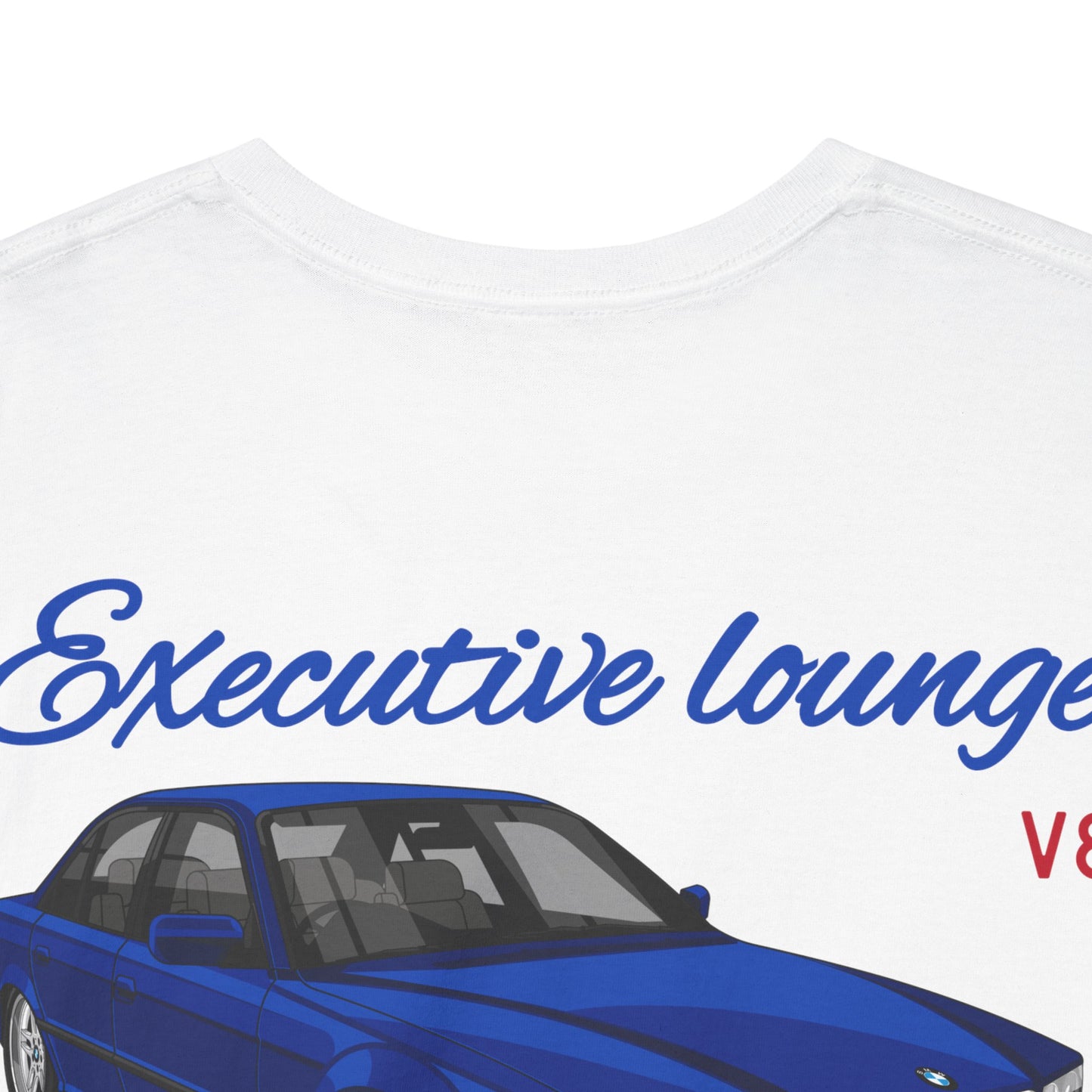 BMW e38 Avus Blue Unisex T Shirt in White - 100% Cotton (Back graphic)