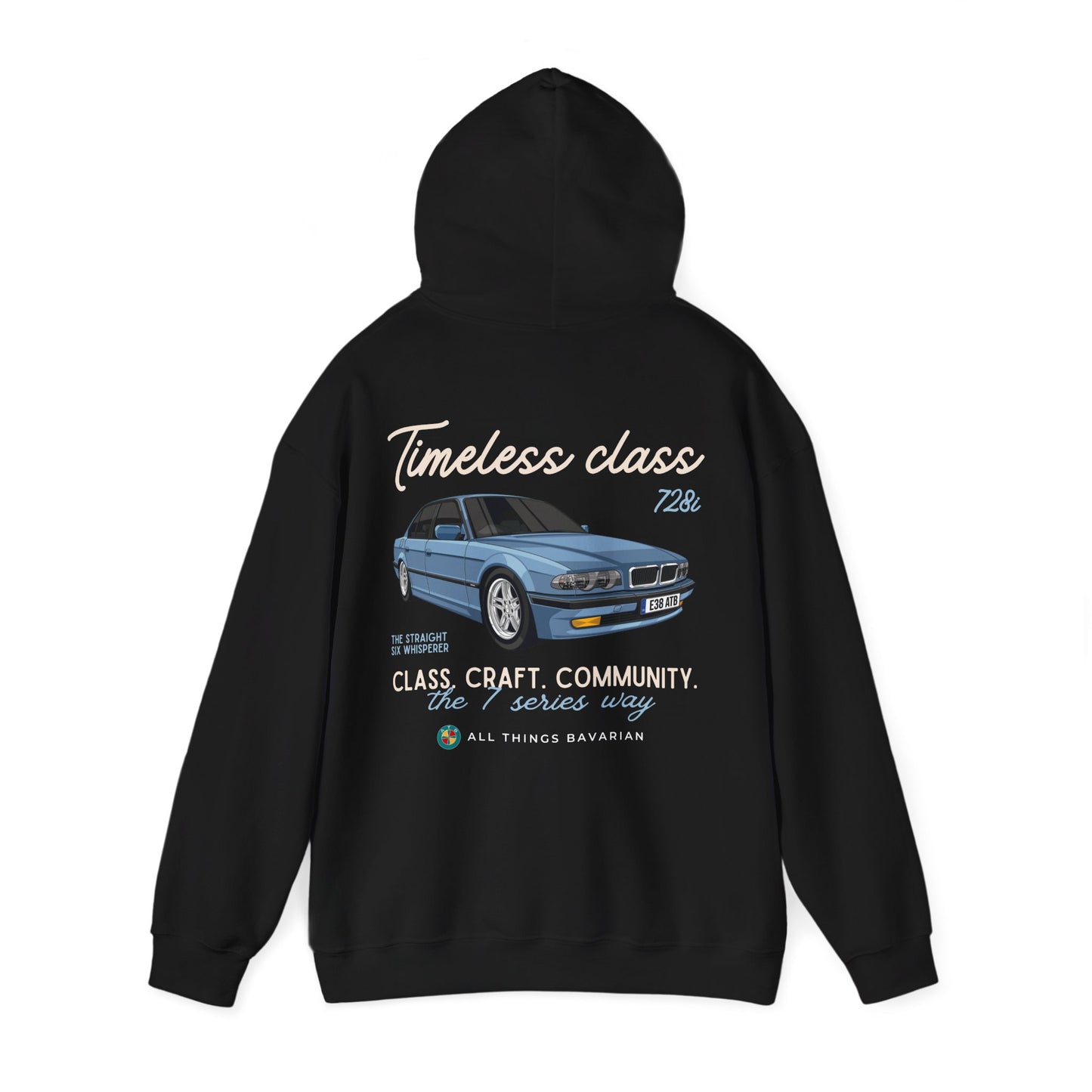 BMW e38 Steel Blue Unisex Hoodie in Black - 100% Cotton (Back graphic)