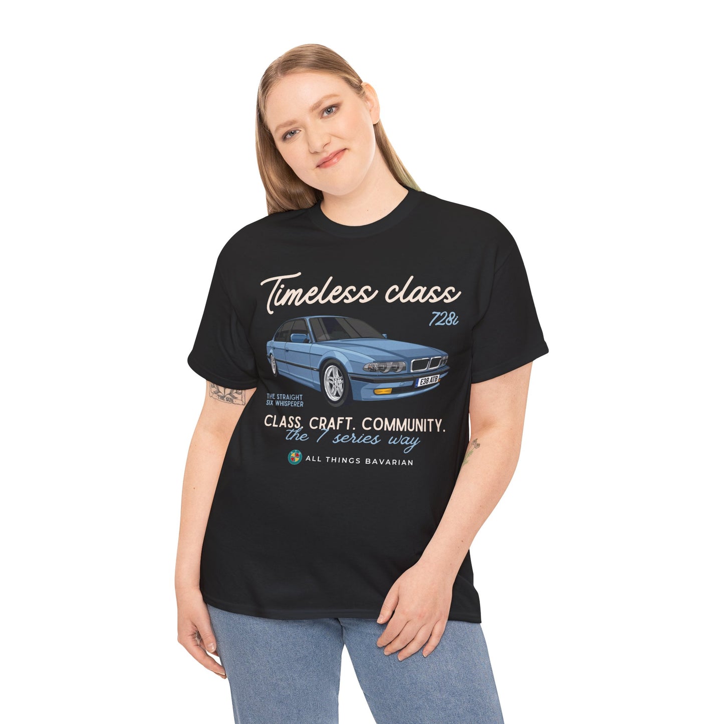 BMW e38 728i (Steel Blue) Unisex T Shirt in Black - 100% Cotton (Front Graphic)