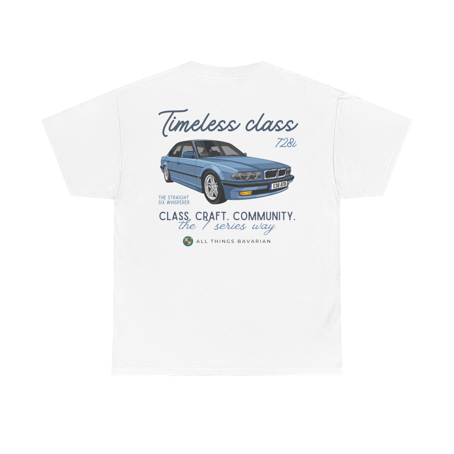 BMW e38 Steel Blue Unisex T Shirt in White - 100% Cotton (Back graphic)