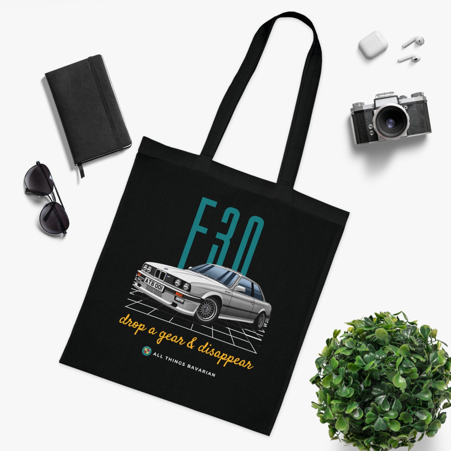 BMW e30 323i Silver Tote Bag in Black - 100% cotton
