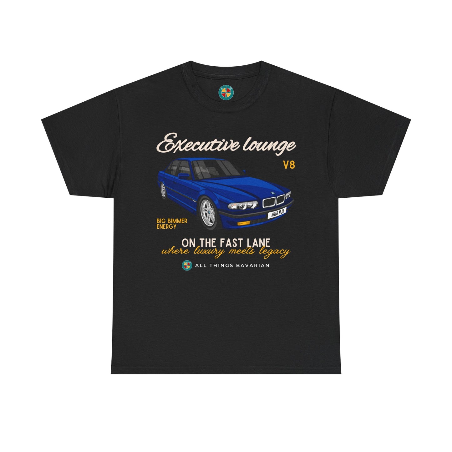 BMW e38 Avus Blue Unisex T Shirt in Black - 100% Cotton (Front graphic)