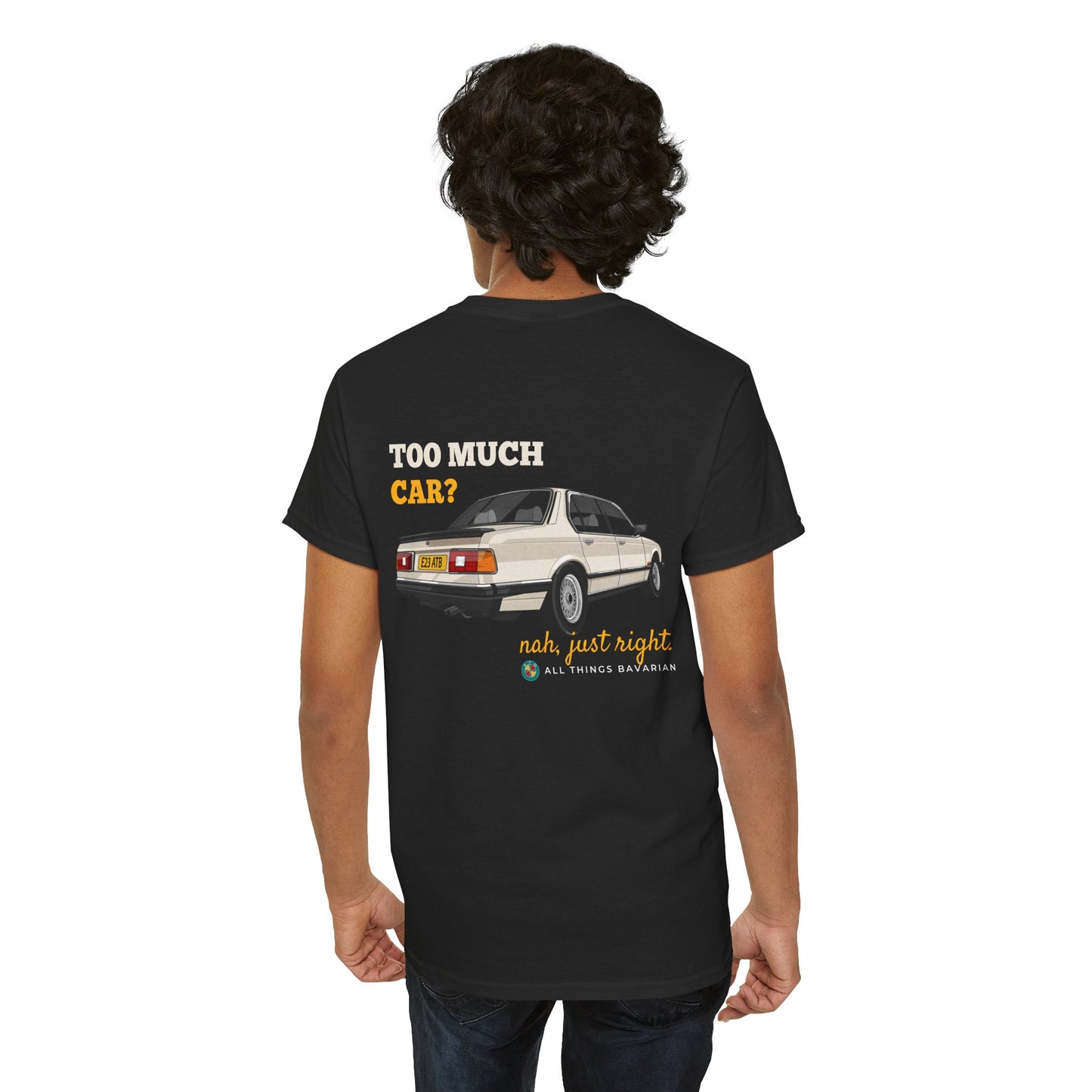 BMW e23 735i (Gold) Unisex T Shirt in Black - 100% Cotton (Back Graphic)