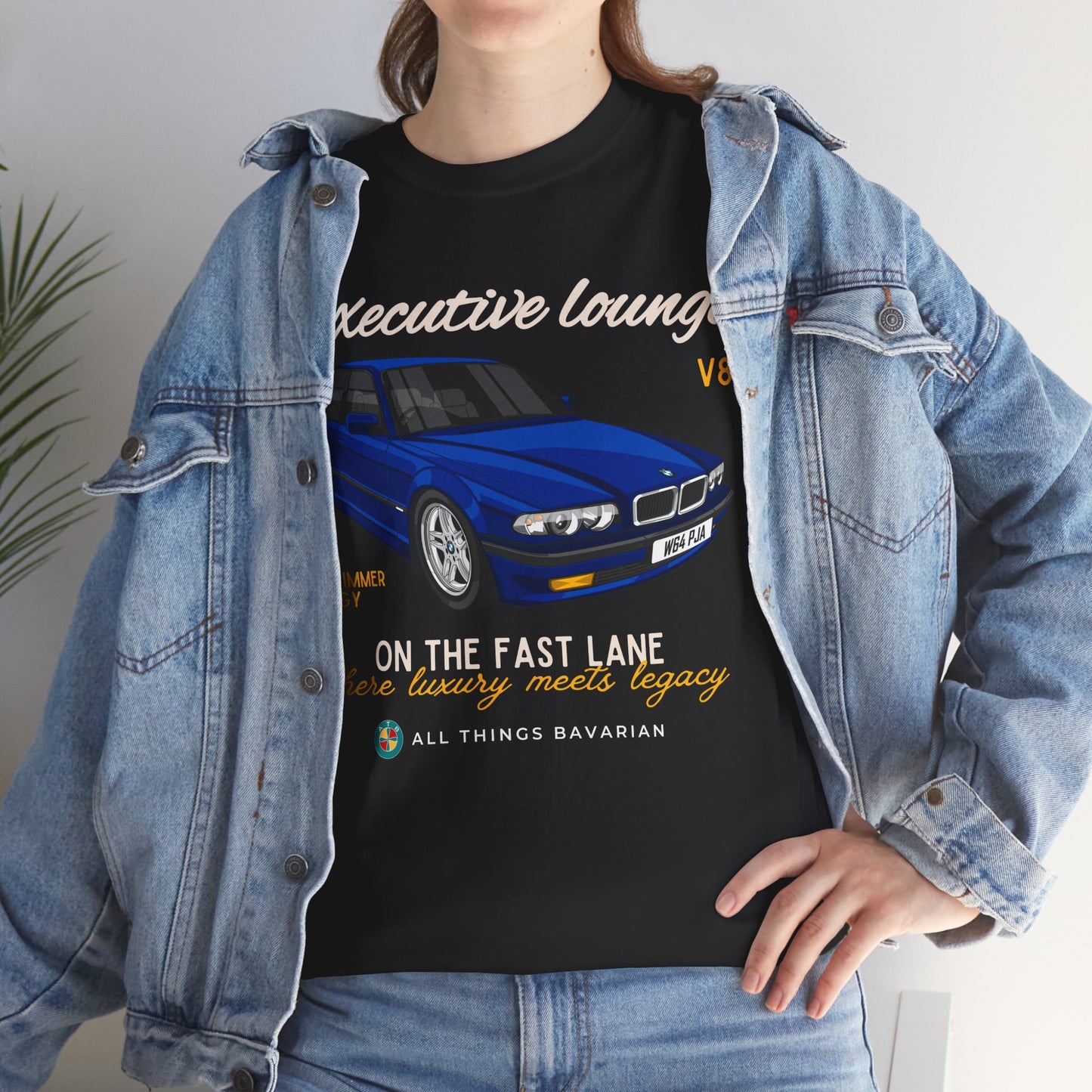 BMW e38 Avus Blue Unisex T Shirt in Black - 100% Cotton (Front graphic)