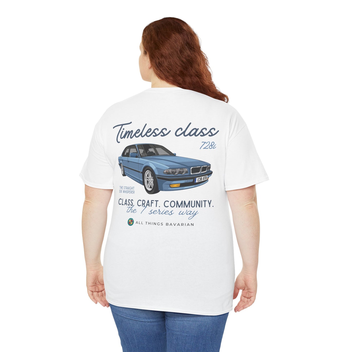 BMW e38 Steel Blue Unisex T Shirt in White - 100% Cotton (Back graphic)