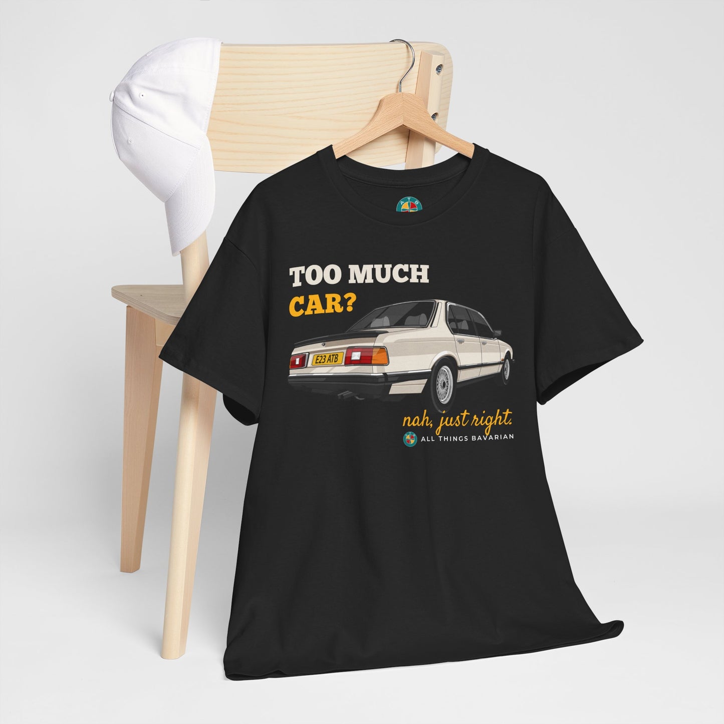 BMW e23 735i (Gold) Unisex T Shirt in Black - 100% Cotton (Front Graphic)