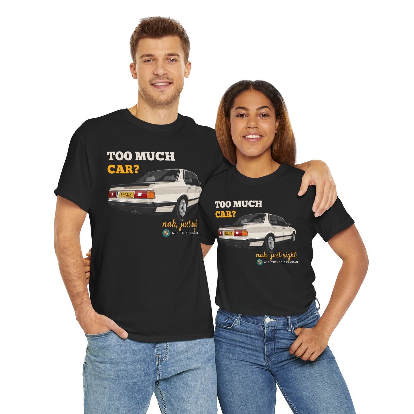 BMW e23 735i (Gold) Unisex T Shirt in Black - 100% Cotton (Front Graphic)
