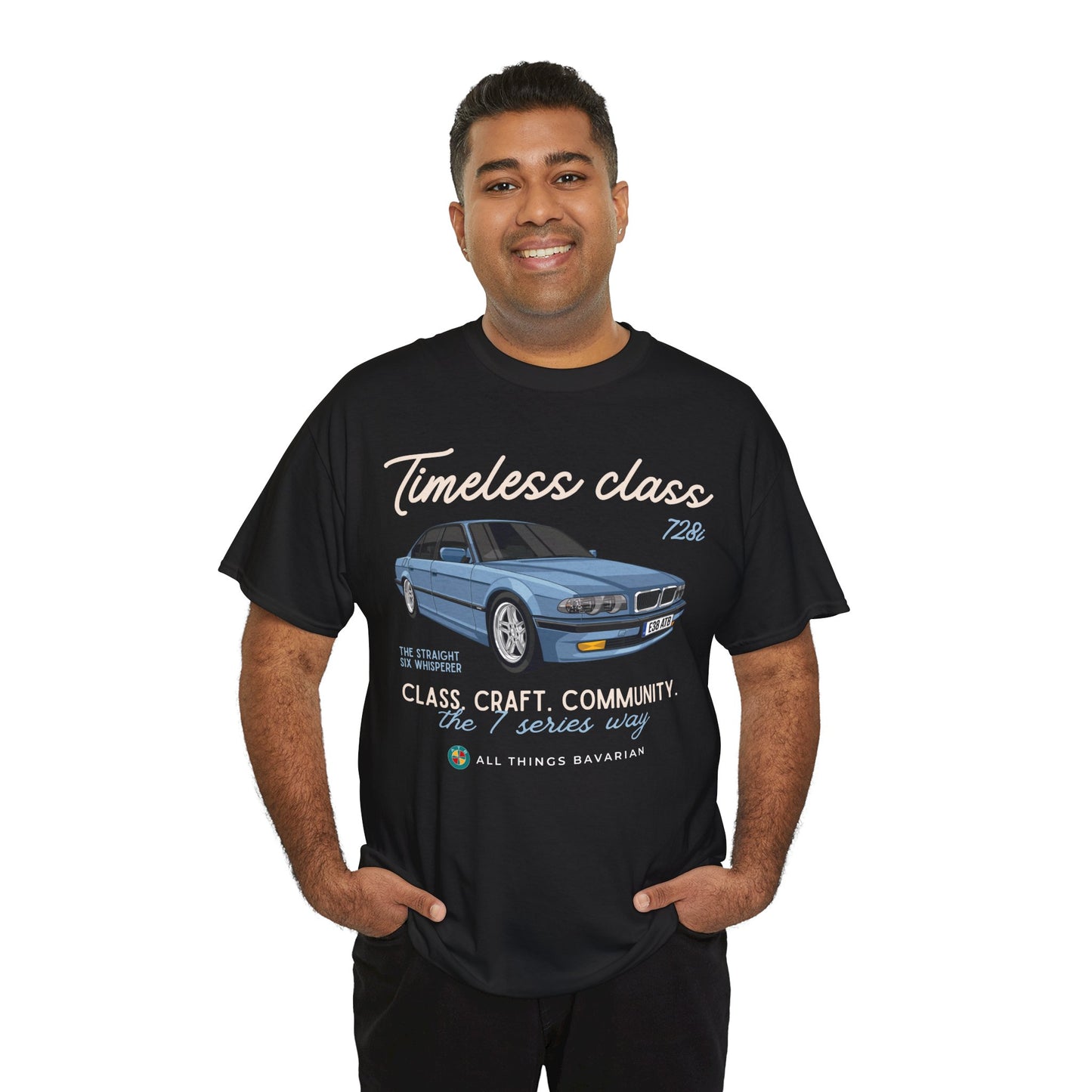 BMW e38 728i (Steel Blue) Unisex T Shirt in Black - 100% Cotton (Front Graphic)
