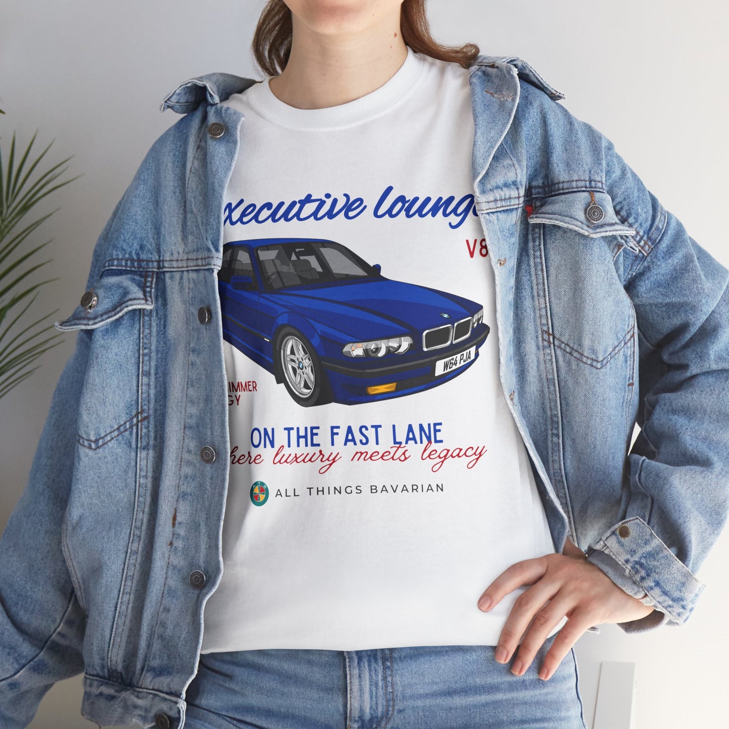 BMW e38 Avus Blue Unisex T Shirt in White - 100% Cotton (Front graphic)